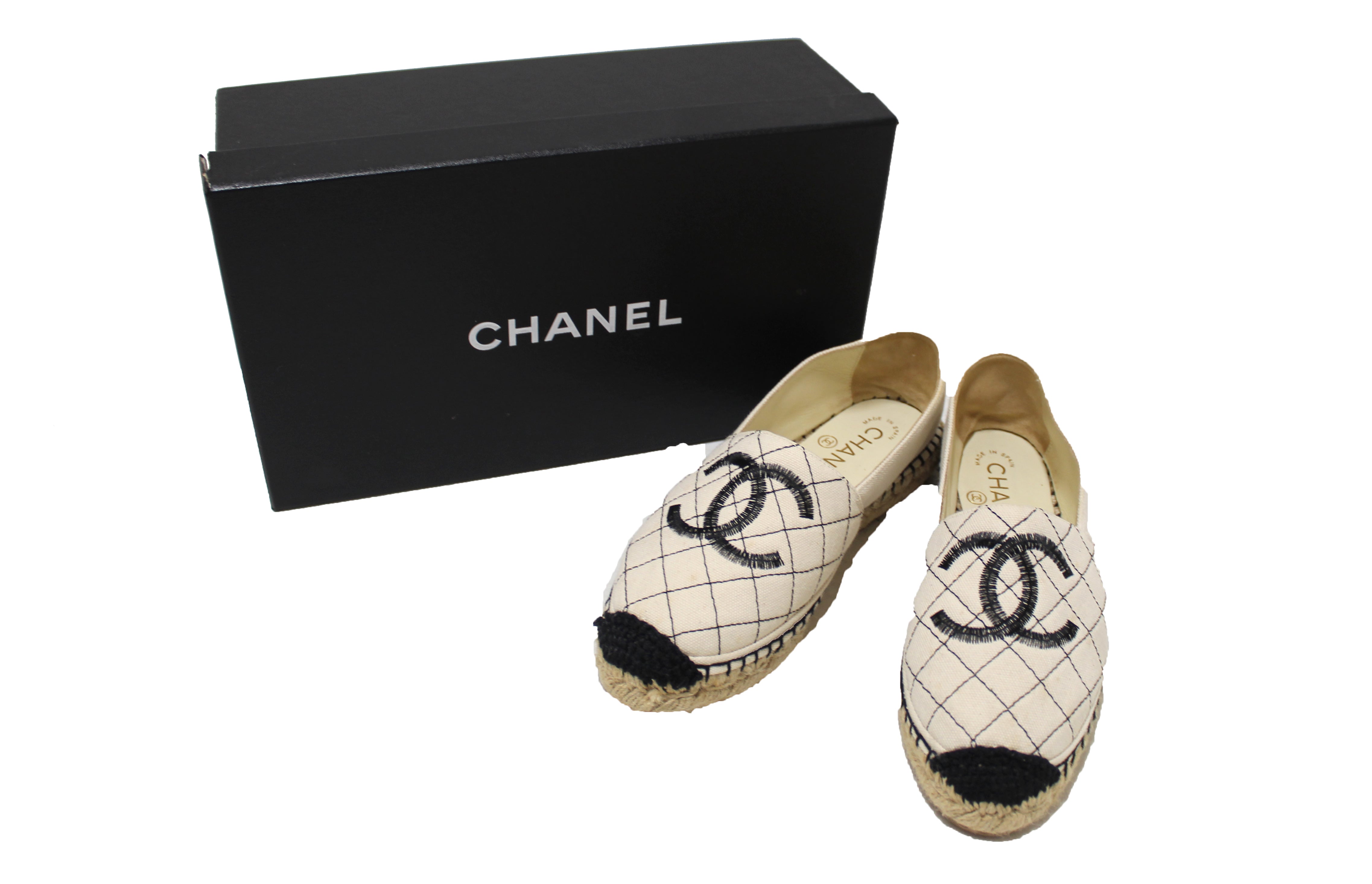 Authentic Chanel Beige/Black Canvas Stitched Espadrilles Shoes