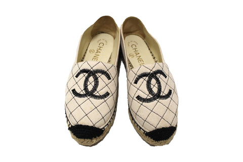 Authentic Chanel Beige/Black Canvas Stitched Espadrilles Shoes Size 35