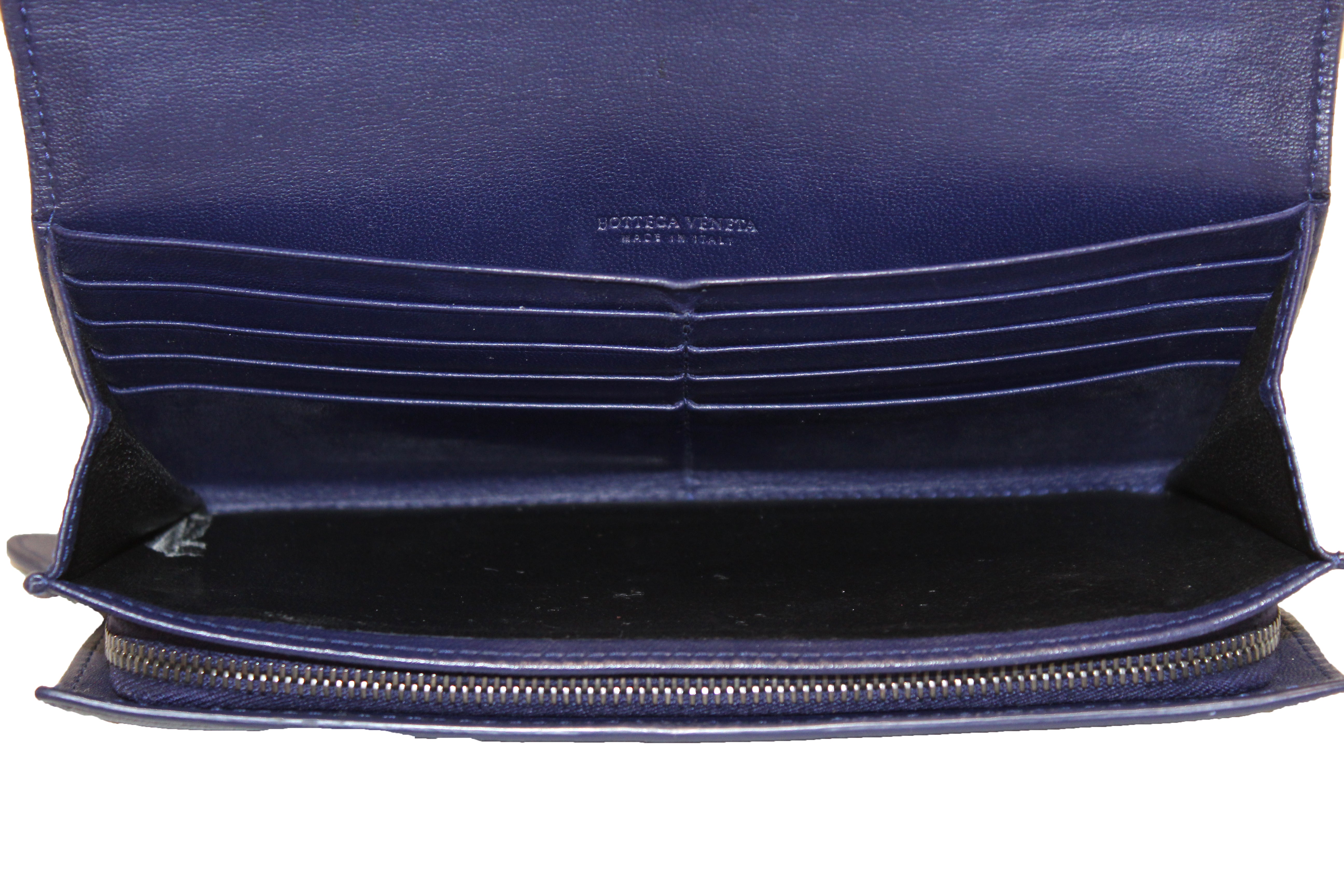 Authentic Bottega Veneta Blue Nappa Intrecciato Leather Flap Wallet
