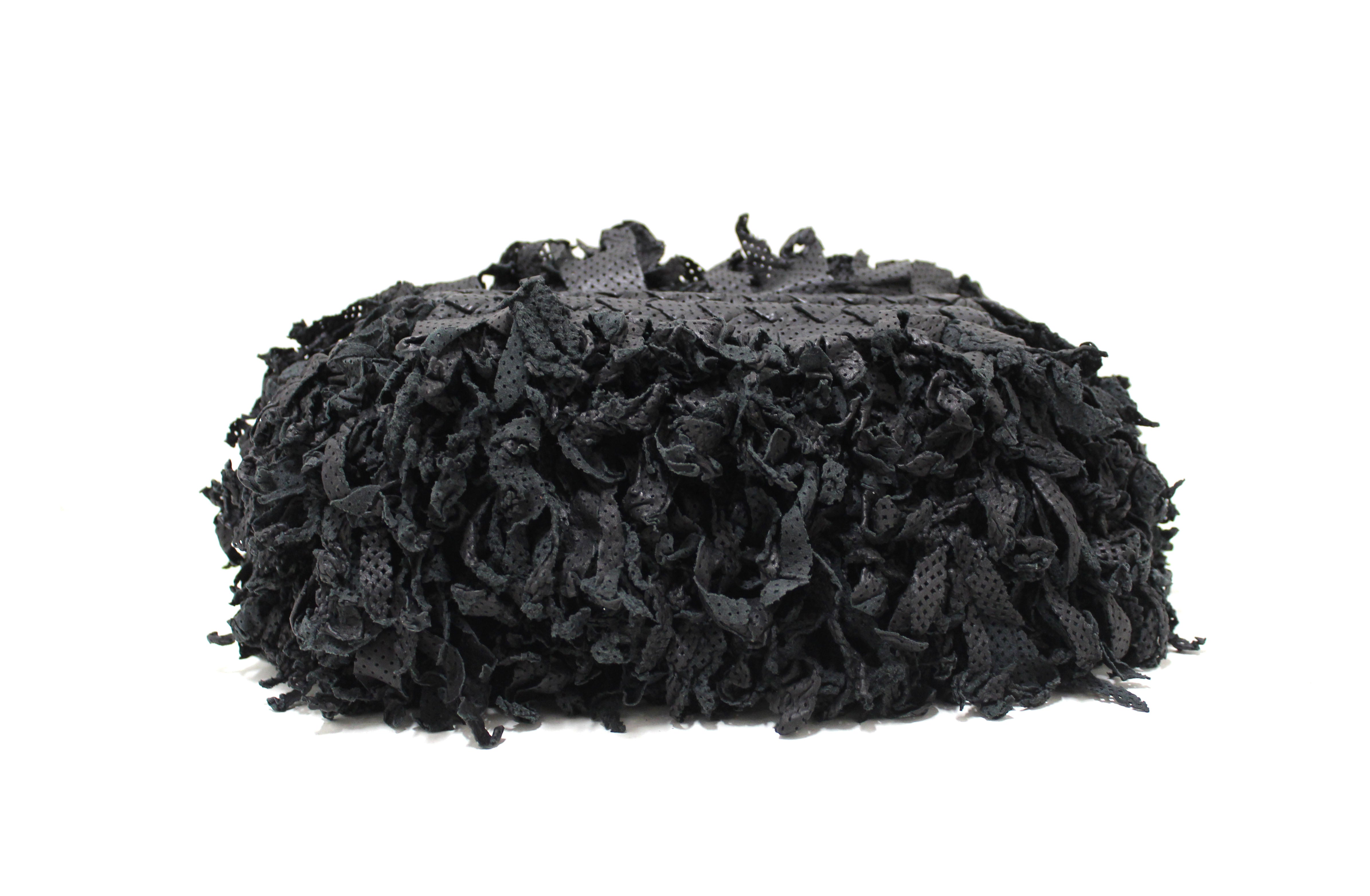Authentic Bottega Veneta Black Shredded Leather Clutch Bag