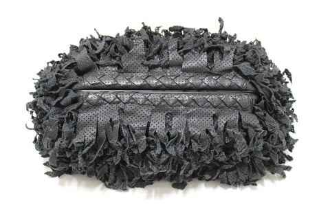Authentic Bottega Veneta Black Shredded Leather Clutch Bag
