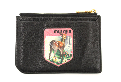 Authentic Miu Miu Black Deer Patch Leather Card Coin Case
