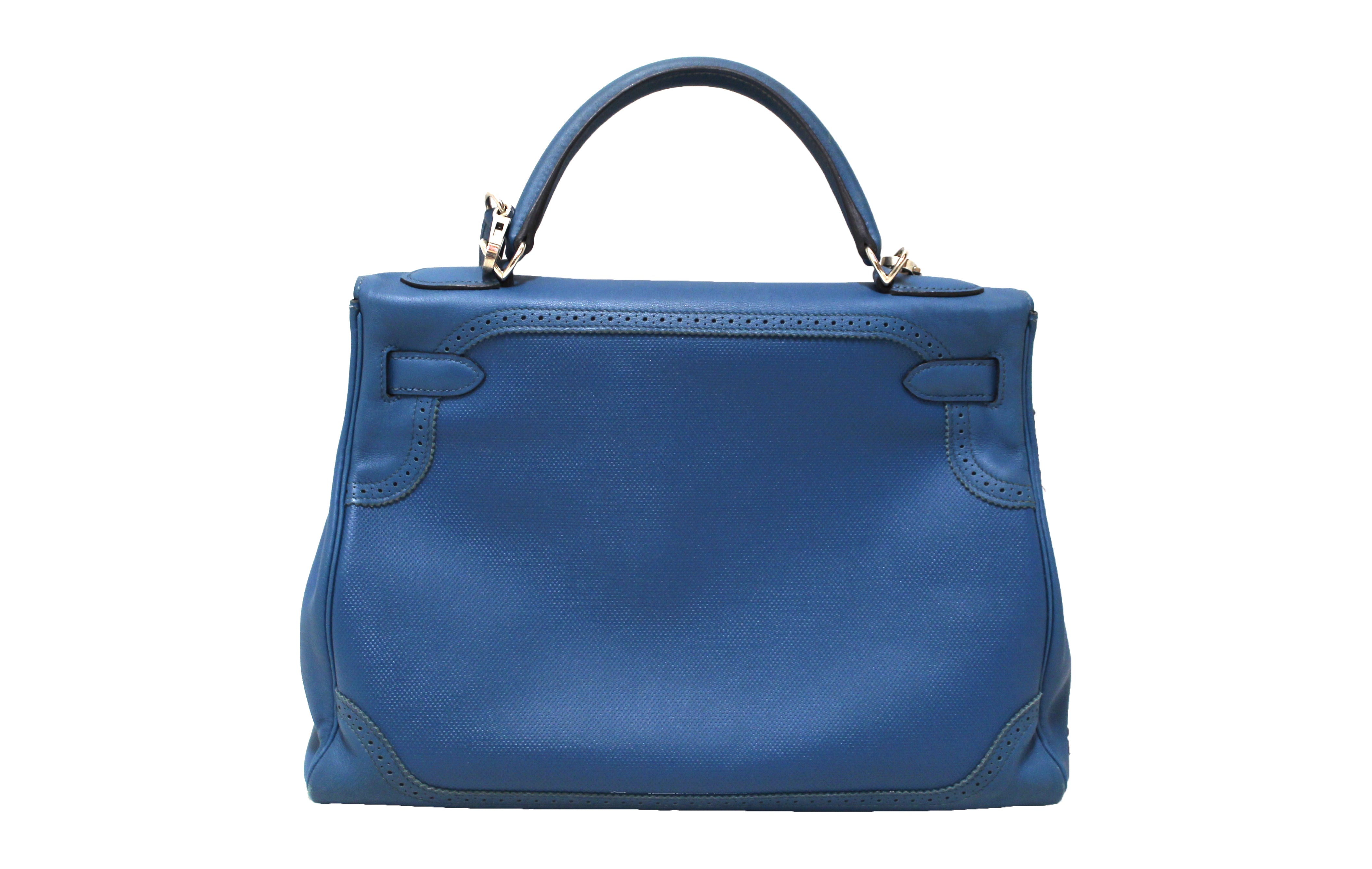Authentic Hermes Bleu Colvert Leather Kelly 28 Lace Bag