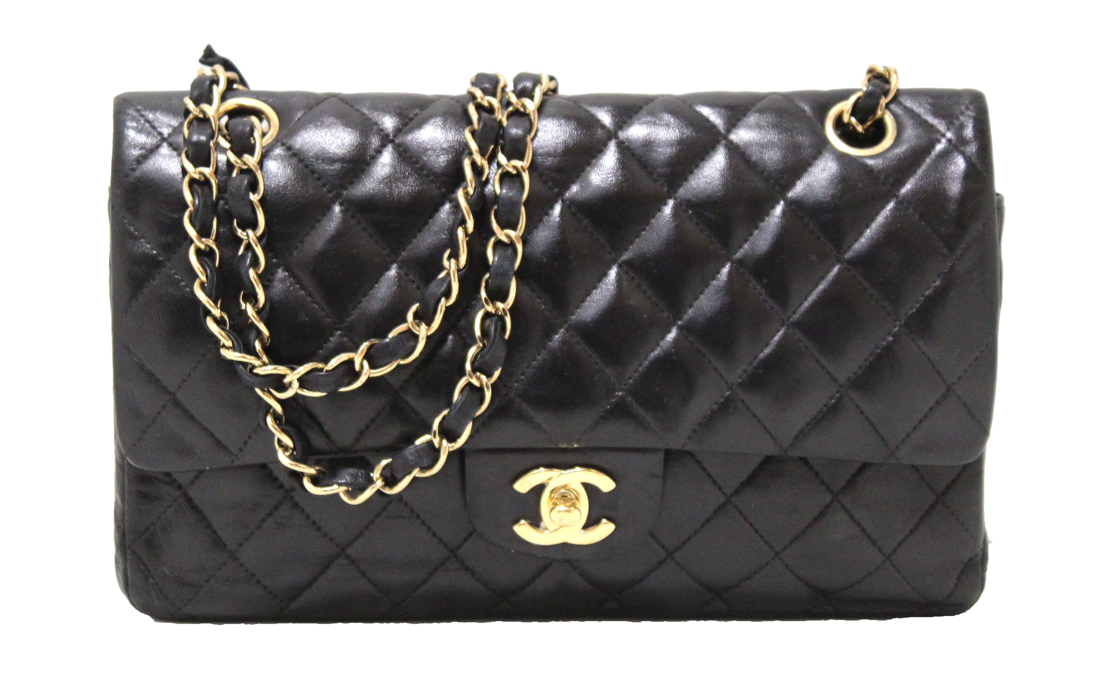 Authentic CHANEL Double Flap Black Quilted Leather Gold Chain Shoulder Bag