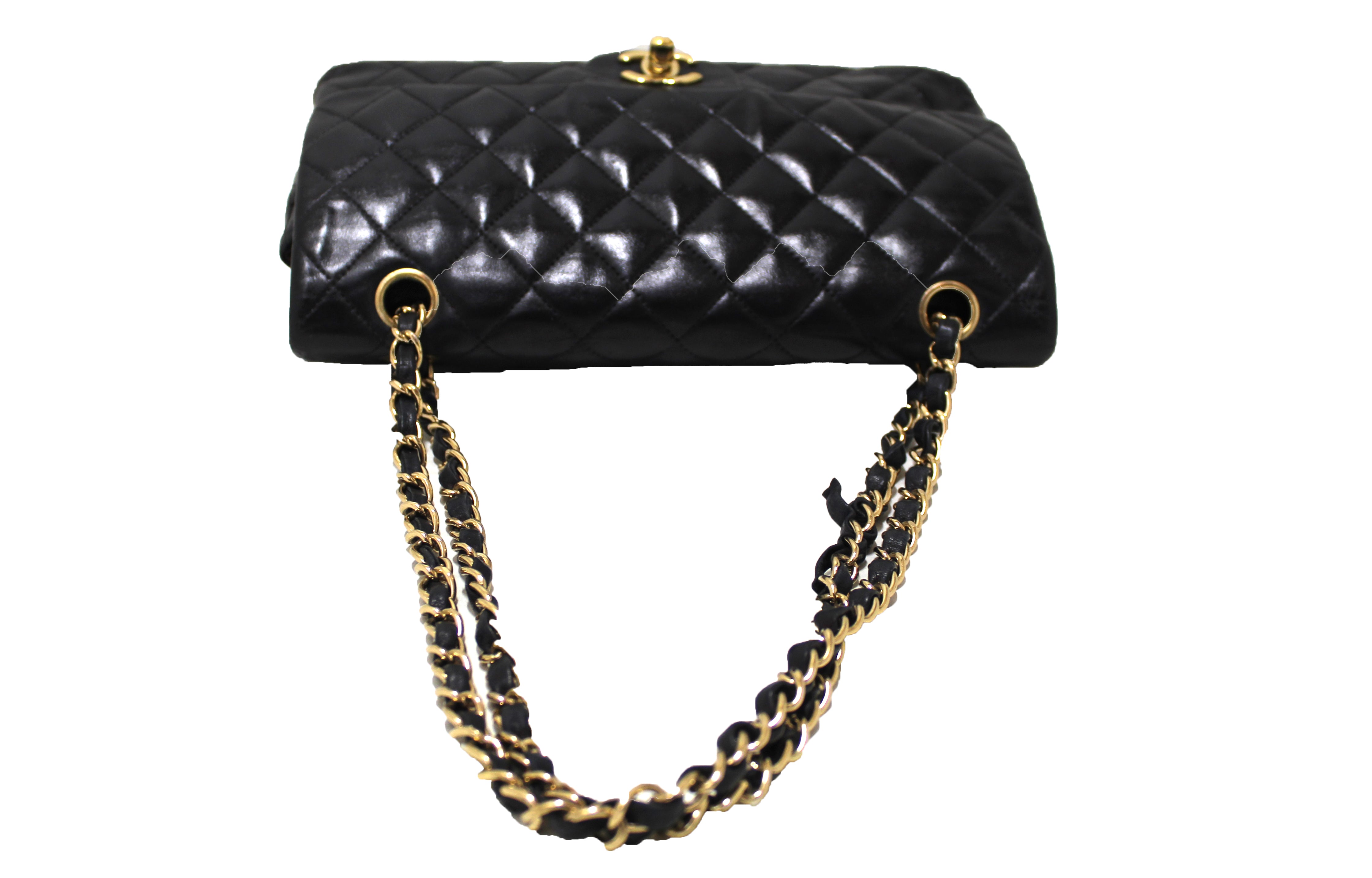 Authentic CHANEL Double Flap Black Quilted Leather Gold Chain