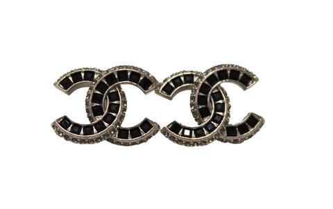Authentic Chanel Black and Silver Crystal CC Timeless Classic Earrings