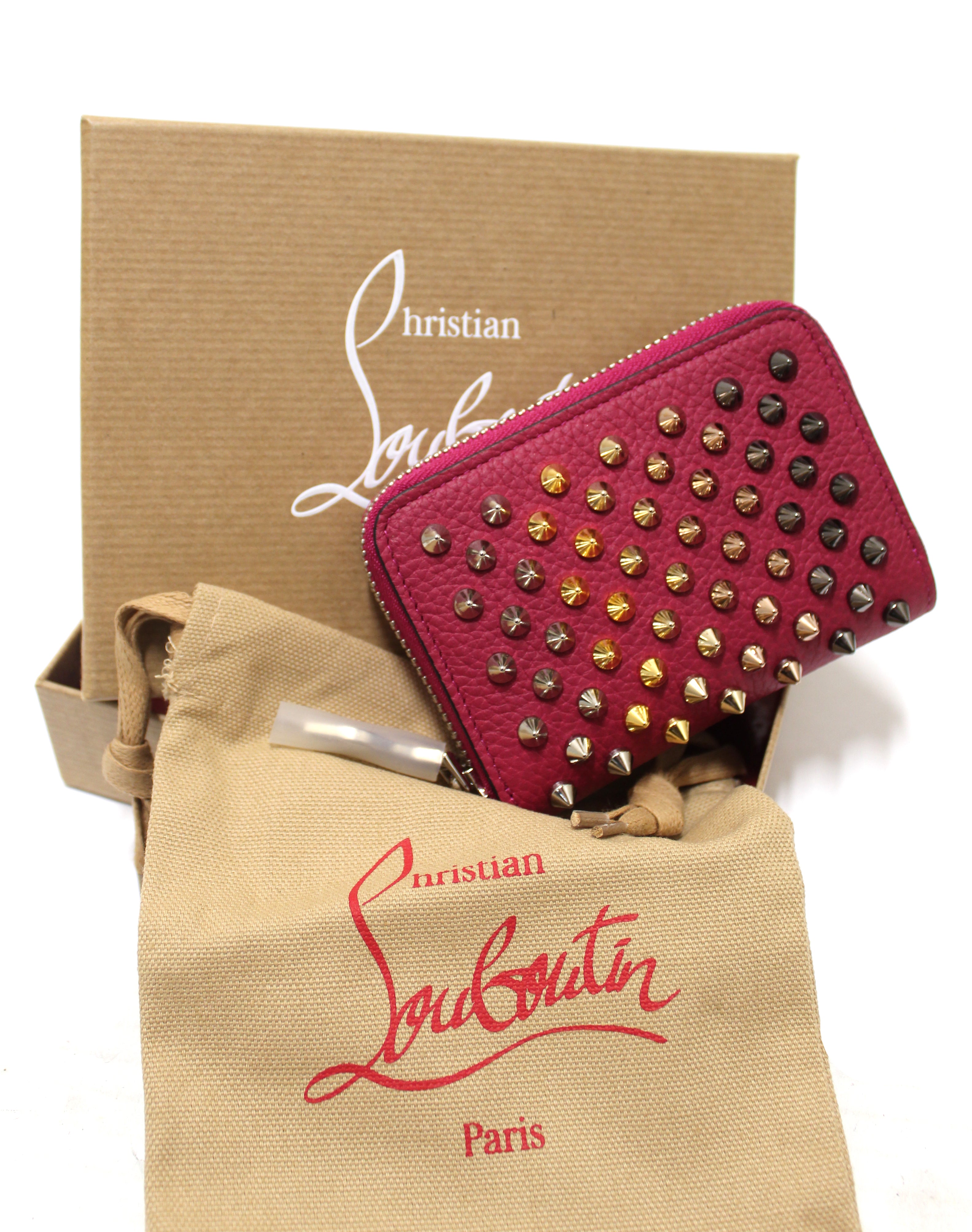 Authentic Christian Louboutin Fuchsia Studded Small Zipper Wallet