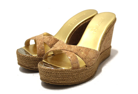 Jimmy Choo Gold Cork Wedge Platform Heel Shoes Size 37.5