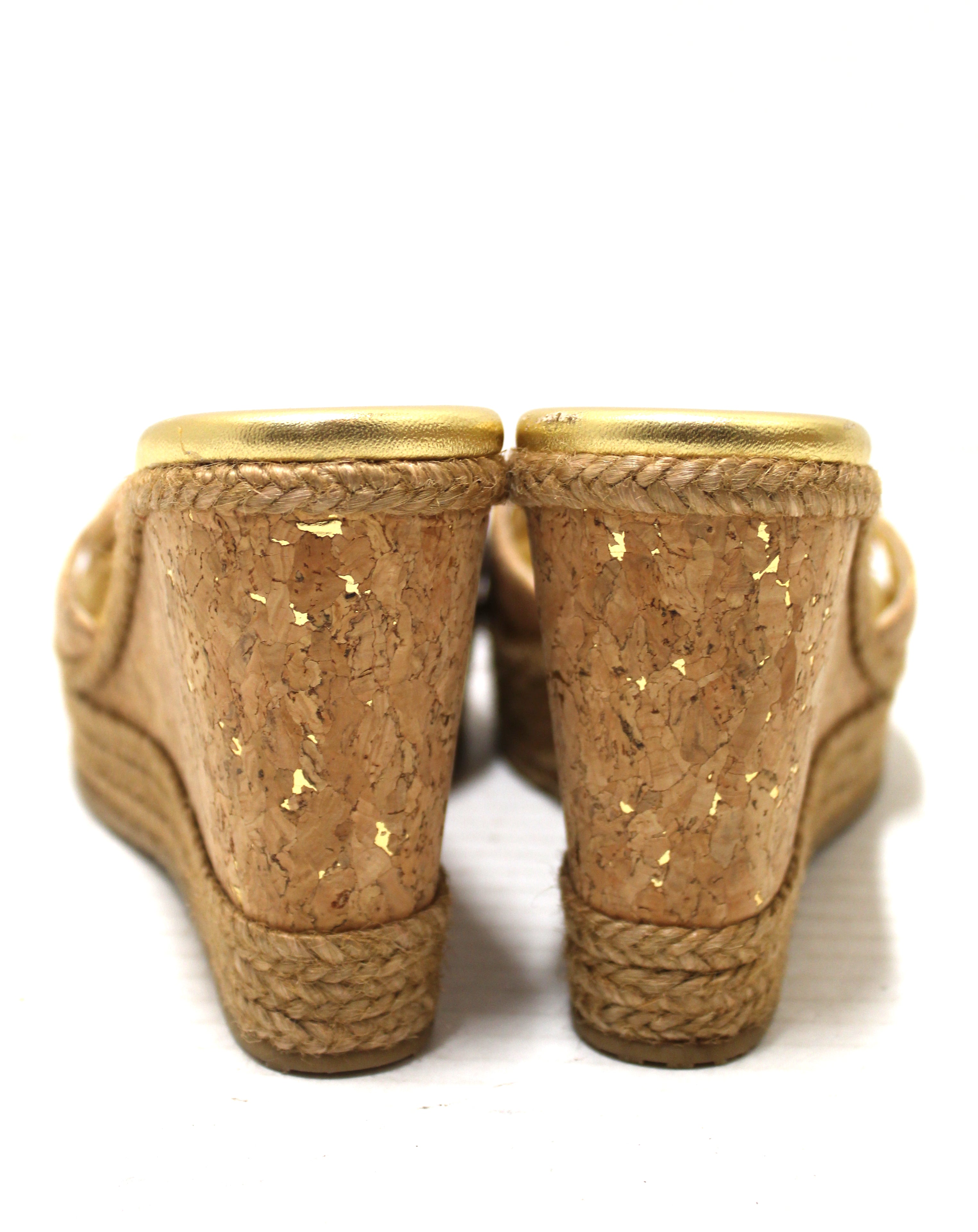 Jimmy Choo Gold Cork Wedge Platform Heel Shoes Size 37.5