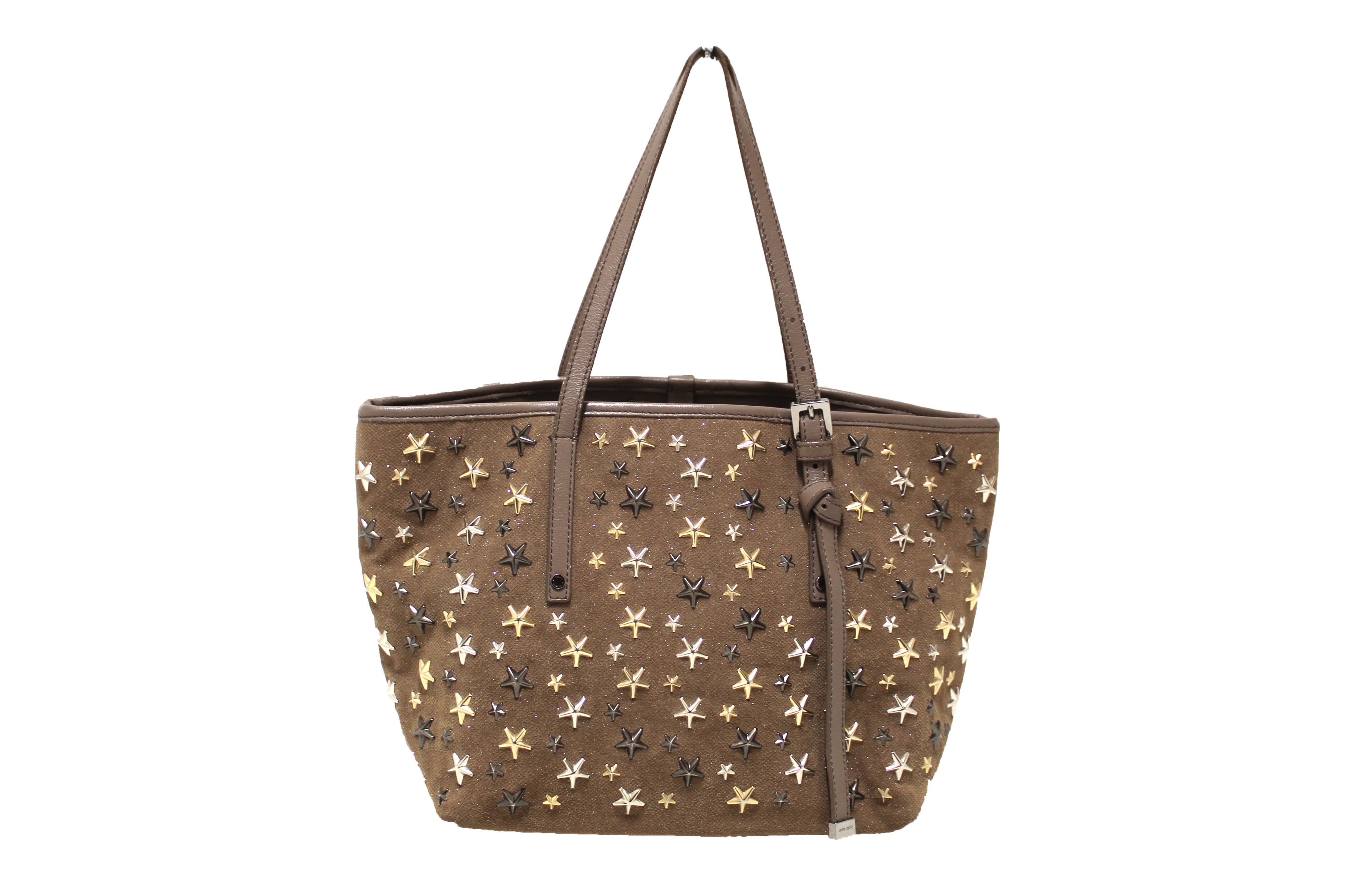 Authentic Jimmy Choo Brown Metallic Fabric with Metal Star Studded Small Tote