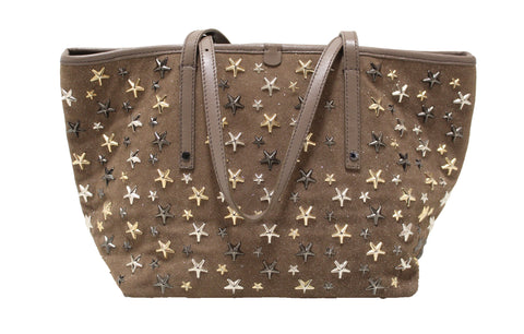 Authentic Jimmy Choo Brown Metallic Fabric with Metal Star Studded Small Tote