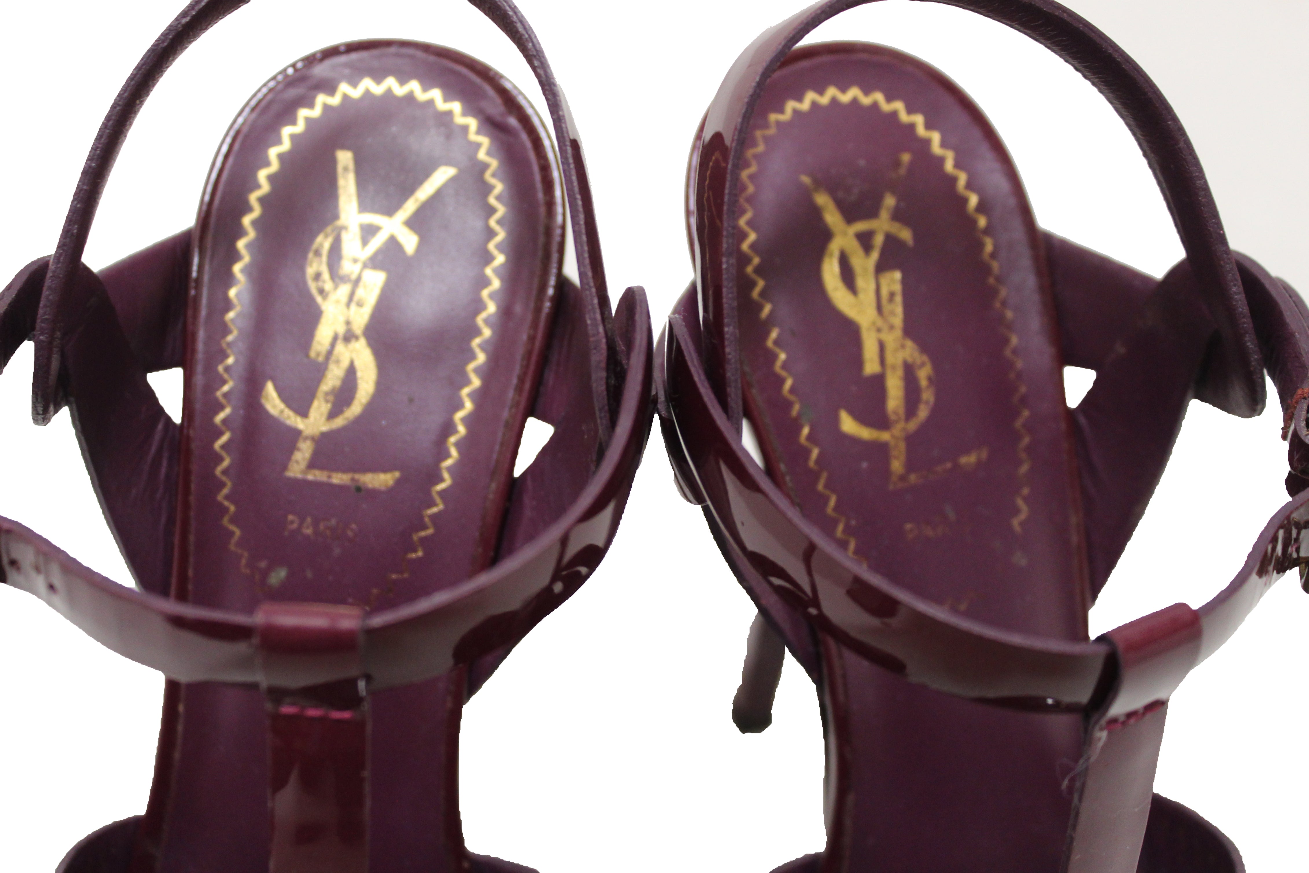 Authentic YSL Saint Laurent Burgundy Patent Leather Tribute Platform Sandal Shoes Size 35