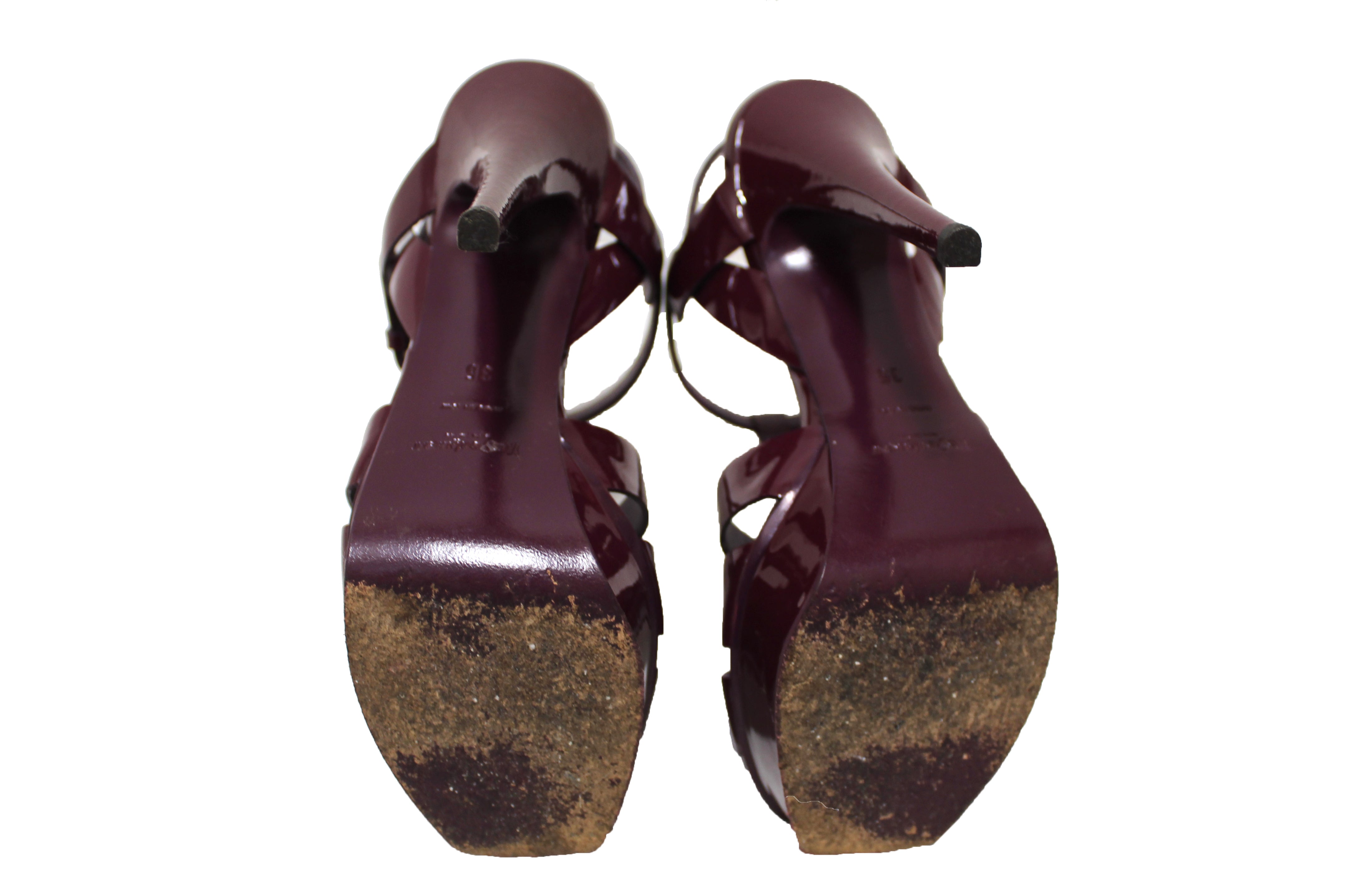Authentic YSL Saint Laurent Burgundy Patent Leather Tribute Platform Sandal Shoes Size 35