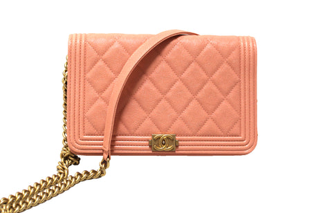 Authentic Chanel Light Pink Caviar Quilted Boy Wallet On Chain WOC