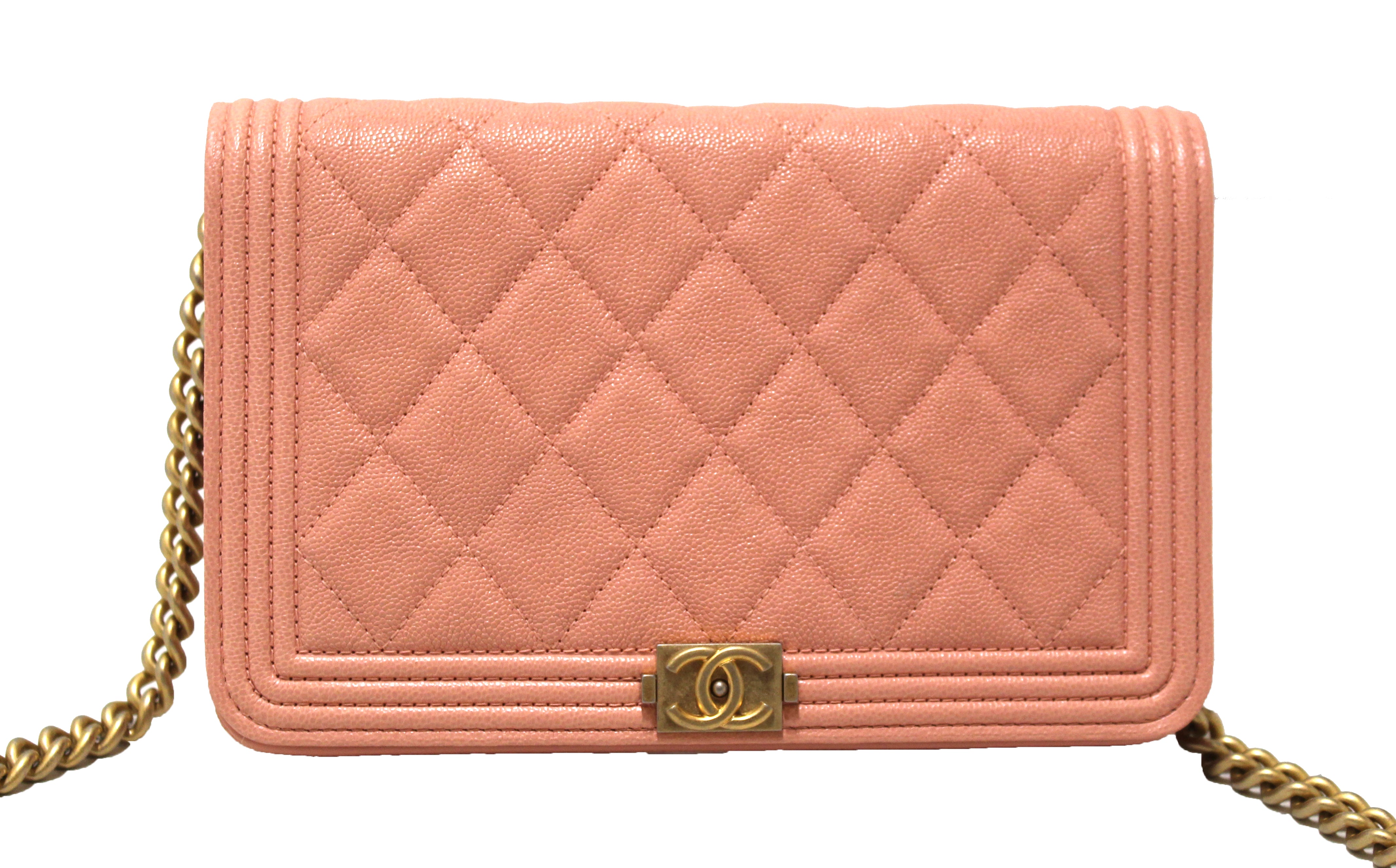 Authentic Chanel Light Pink Caviar Quilted Boy Wallet On Chain WOC