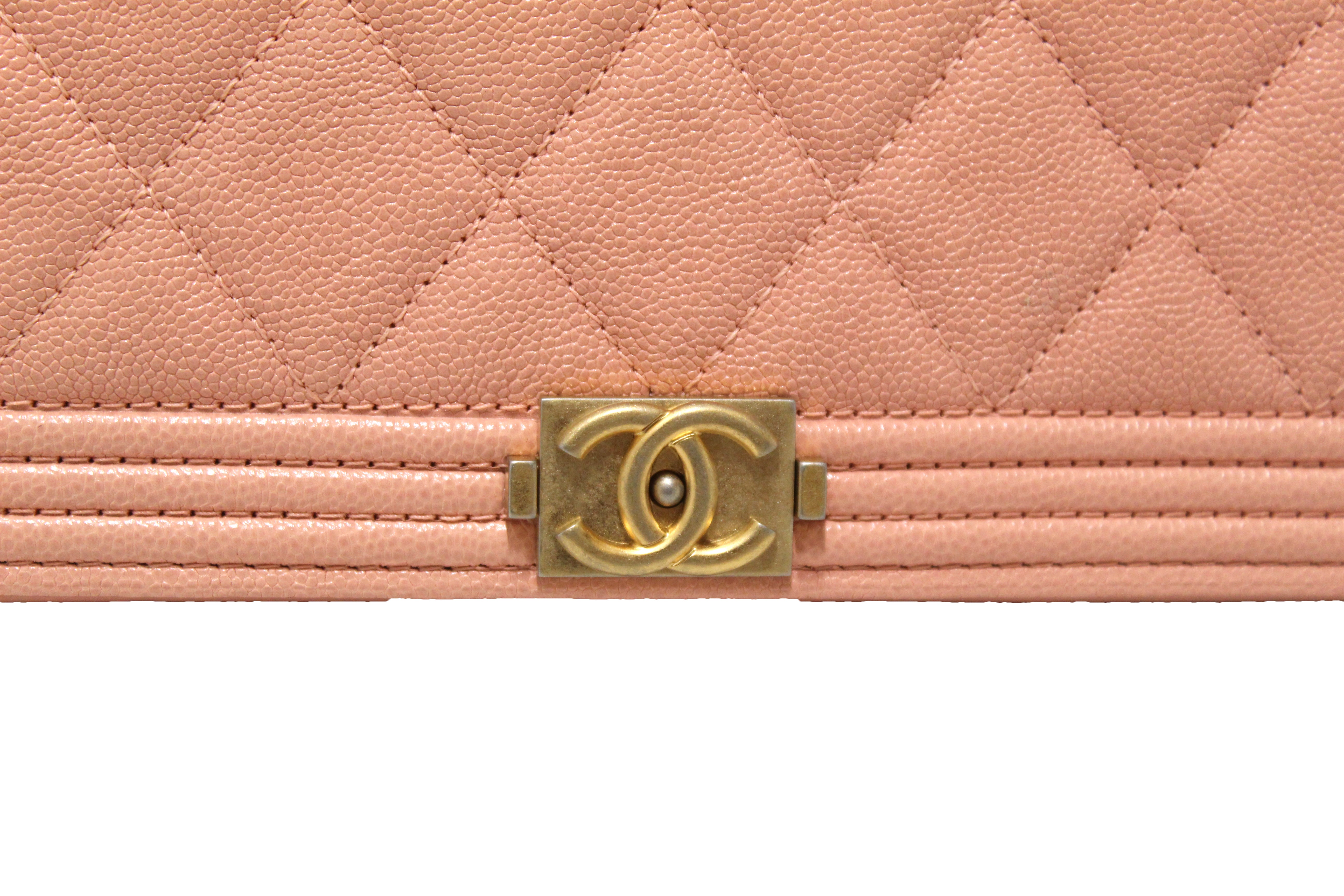 Authentic Chanel Light Pink Caviar Quilted Boy Wallet On Chain WOC