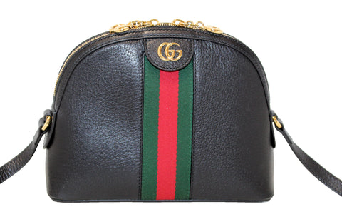 Authentic Gucci Black Calfskin Leather Web GG Small Ophidia Dome Shoulder Bag