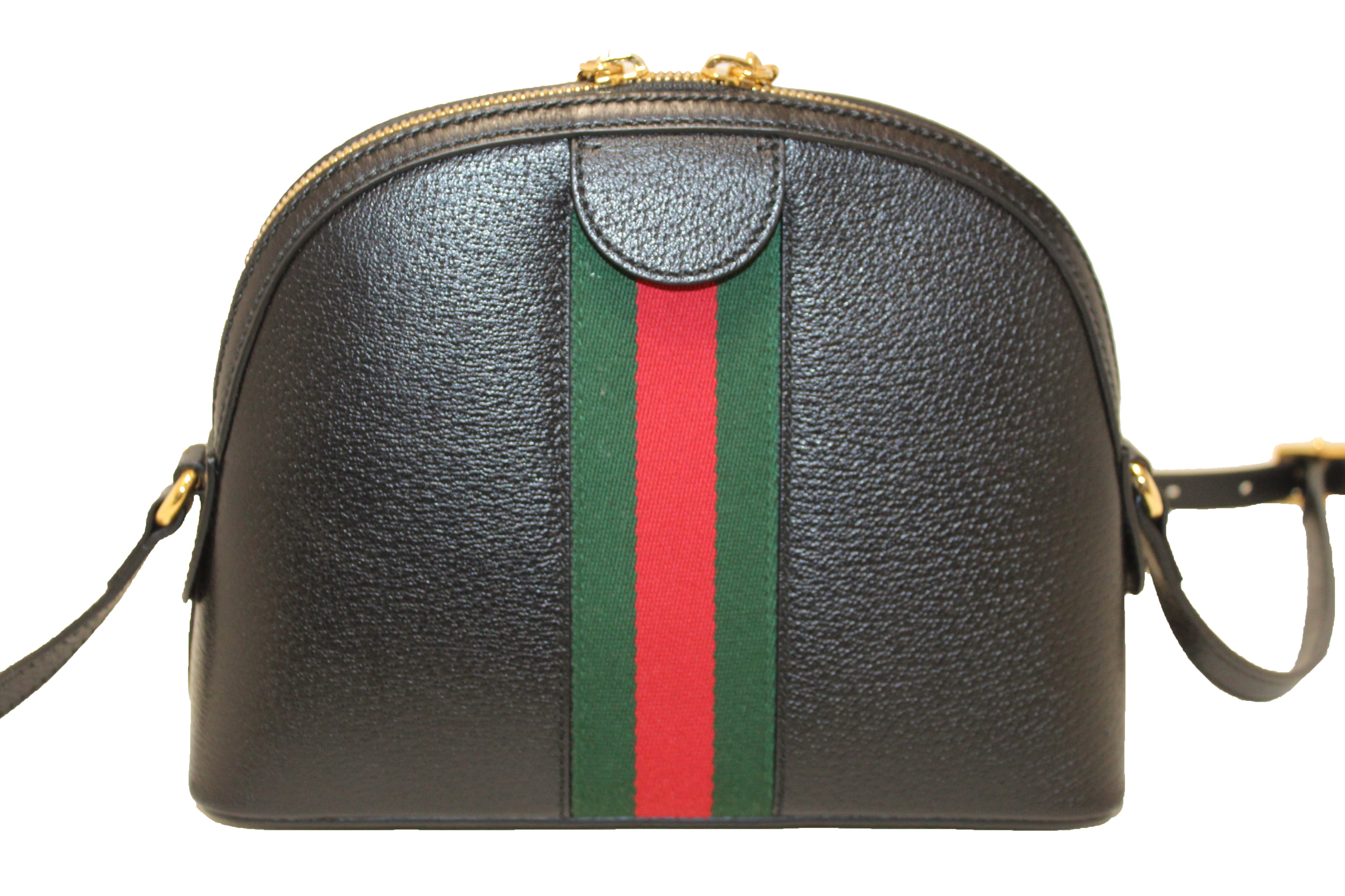 Authentic Gucci Black Calfskin Leather Web GG Small Ophidia Dome Shoulder Bag
