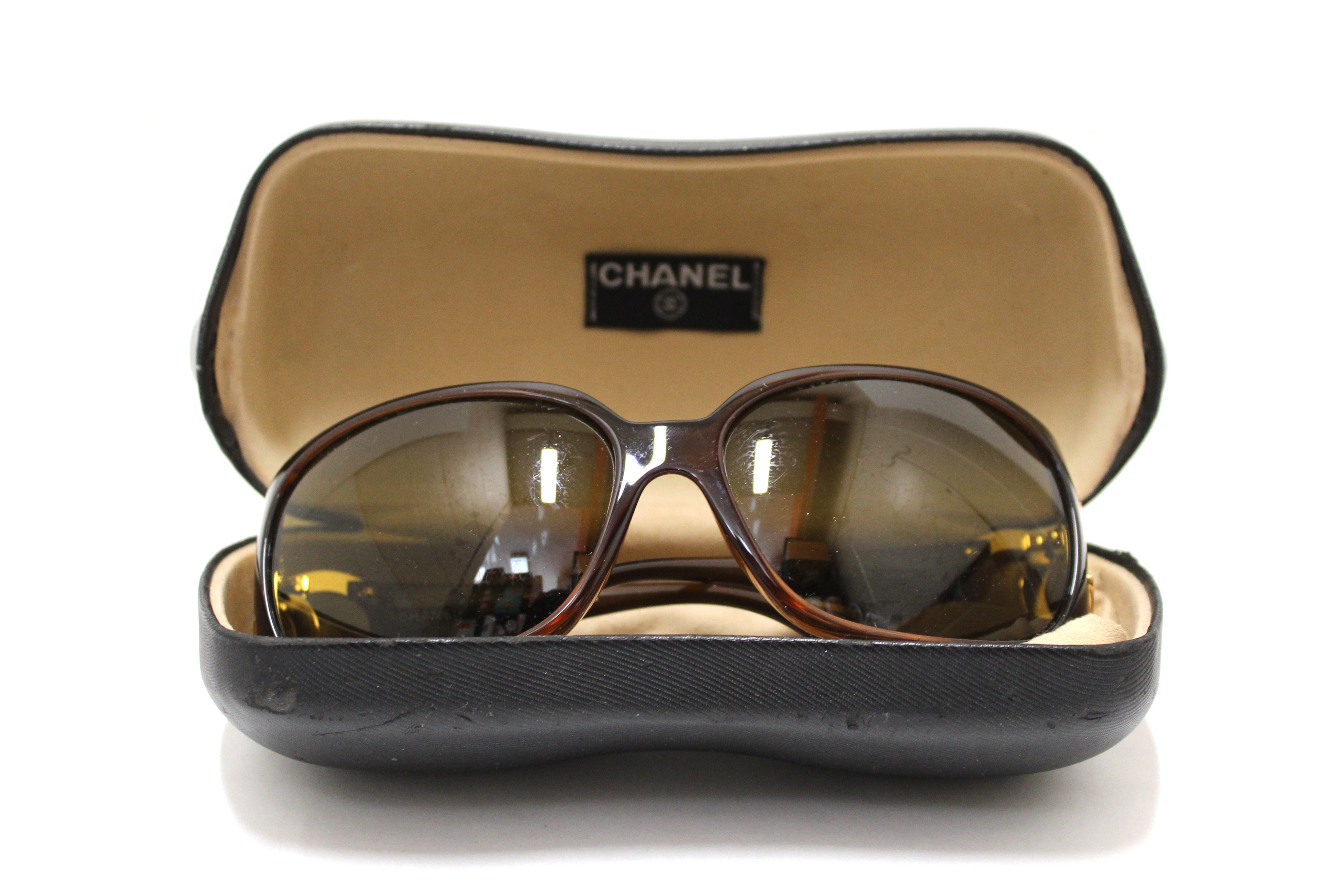 Chanel Black Quilted Rectangular Gold CC Logo Sunglasses