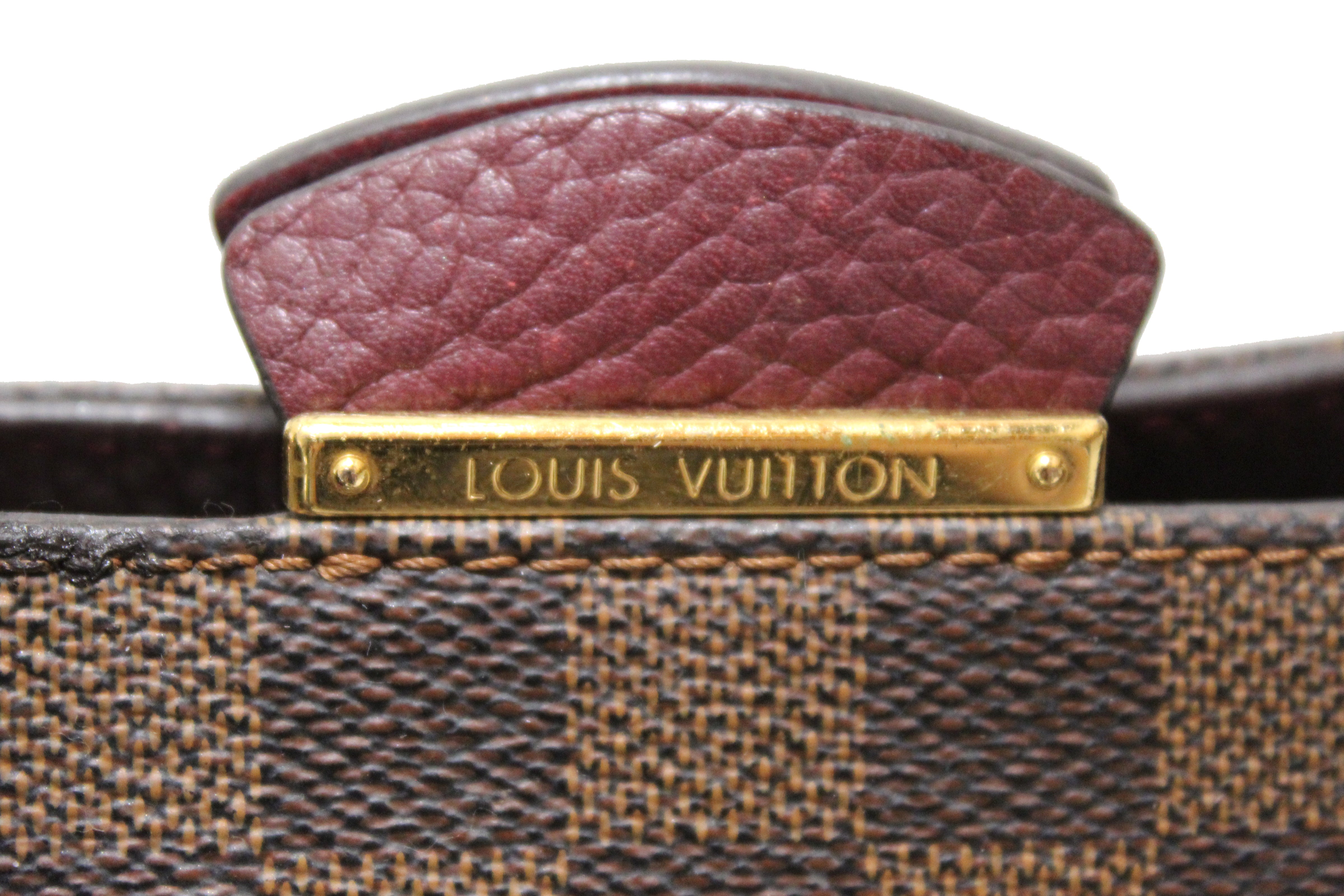 Authentic Louis Vuitton Damier Ebene Canvas with Burgandy Leather Brittany Bag