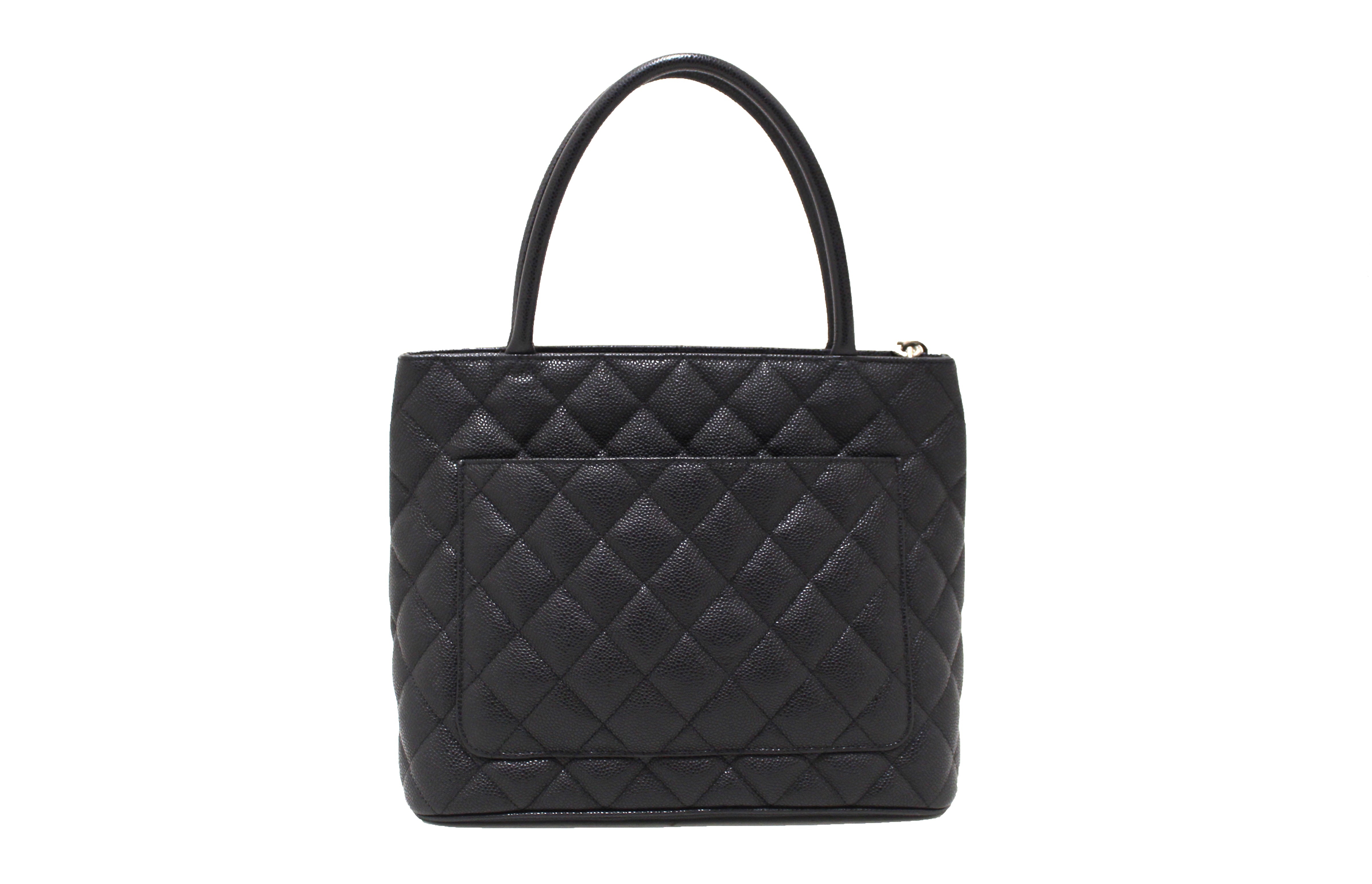 Authentic Chanel Black Quilted Caviar Leather Medallion Tote Bag