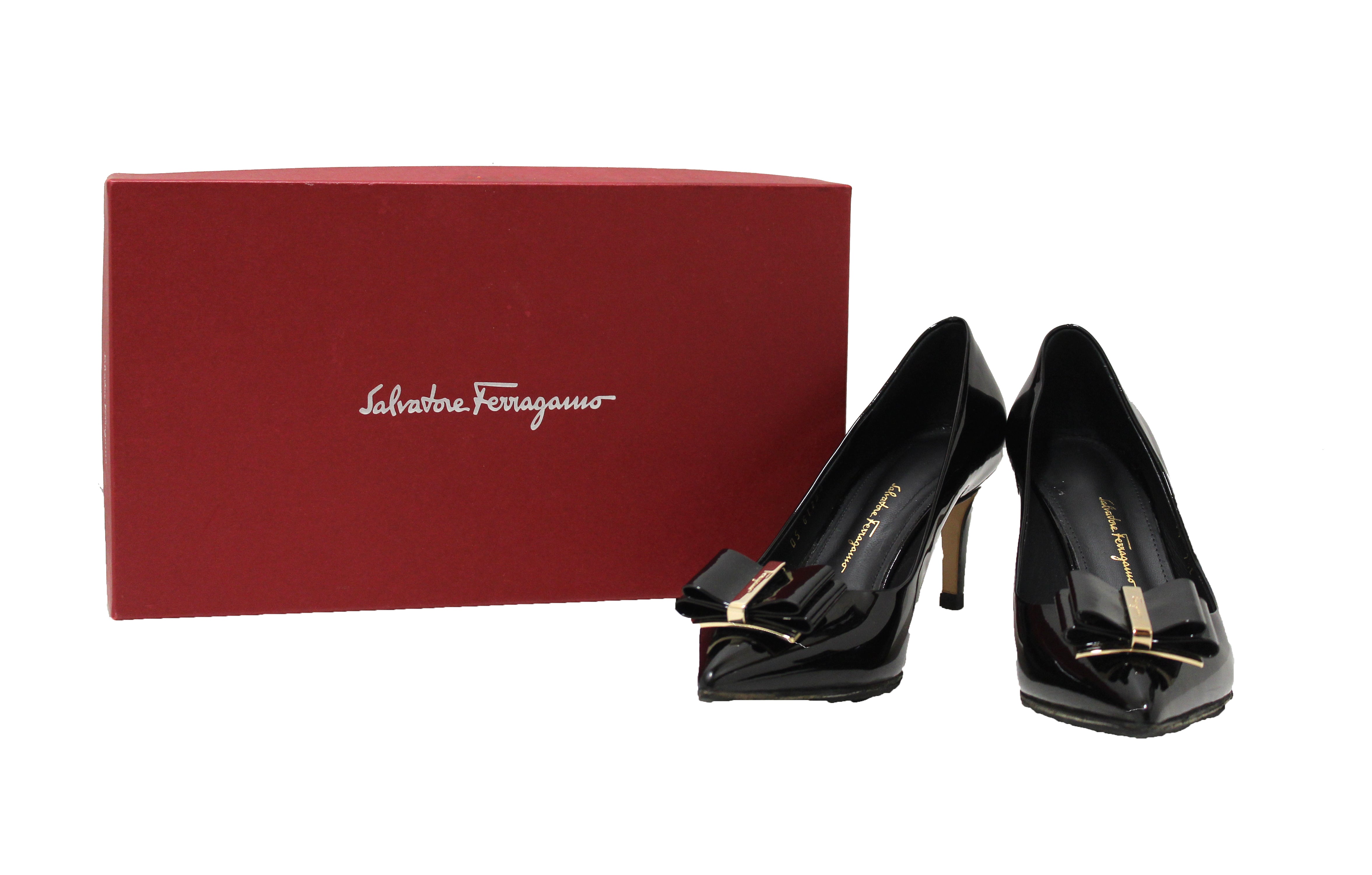 Authentic Salvatore Ferragamo Black Patent Leather Zeri Pointed Toe Pump Size 7.5