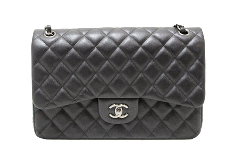 Authentic Chanel Black Iridescent Quilted Caviar Leather Classic Jumbo Double Flap Bag