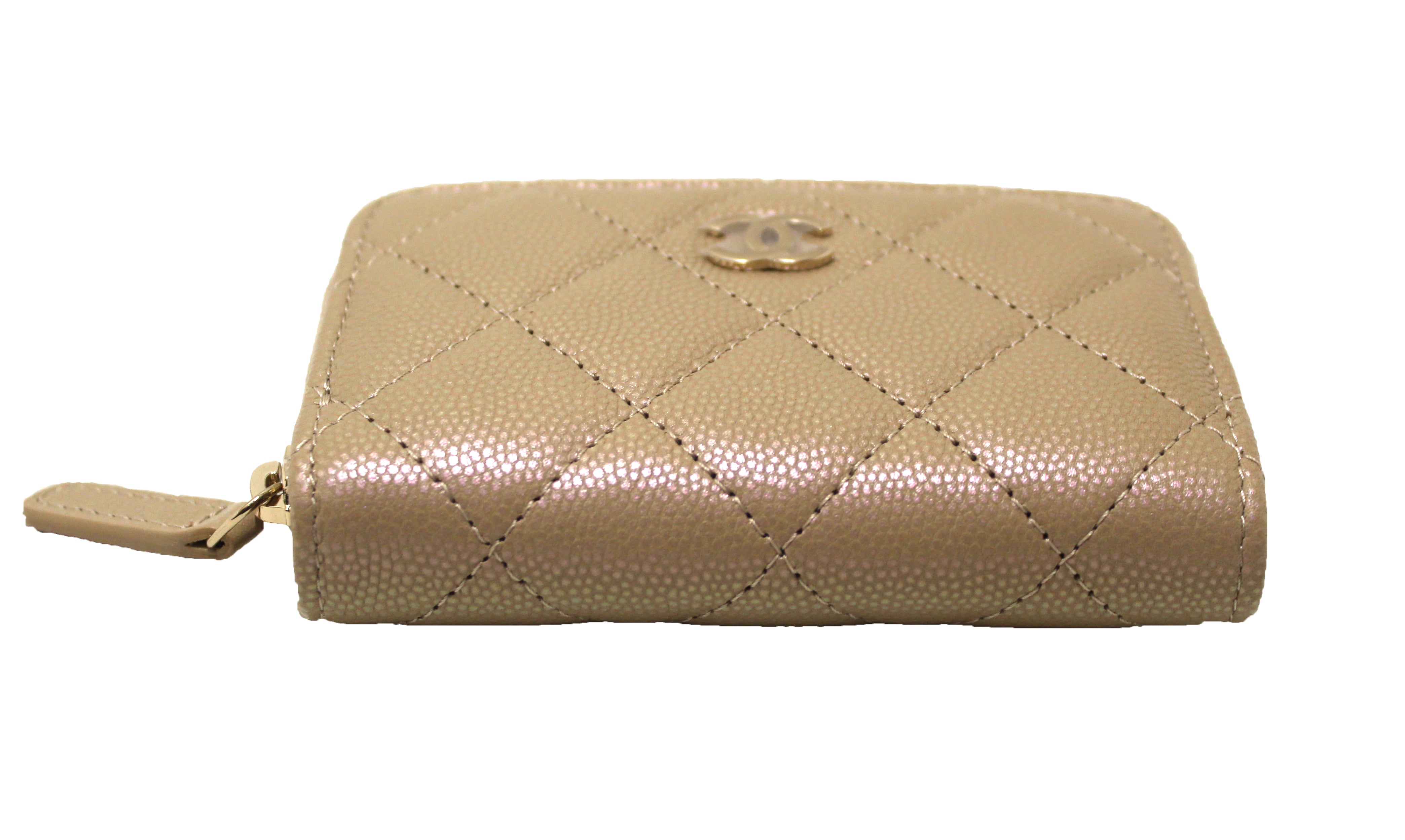 Authentic NEW Chanel Iridescent Dark Beige Quilted Caviar Leather Classic Zipped Coin Purse