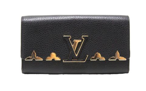 Authentic Louis Vuitton Black Taurillon Leather With Monogram Flower Ornaments Capucines Wallet