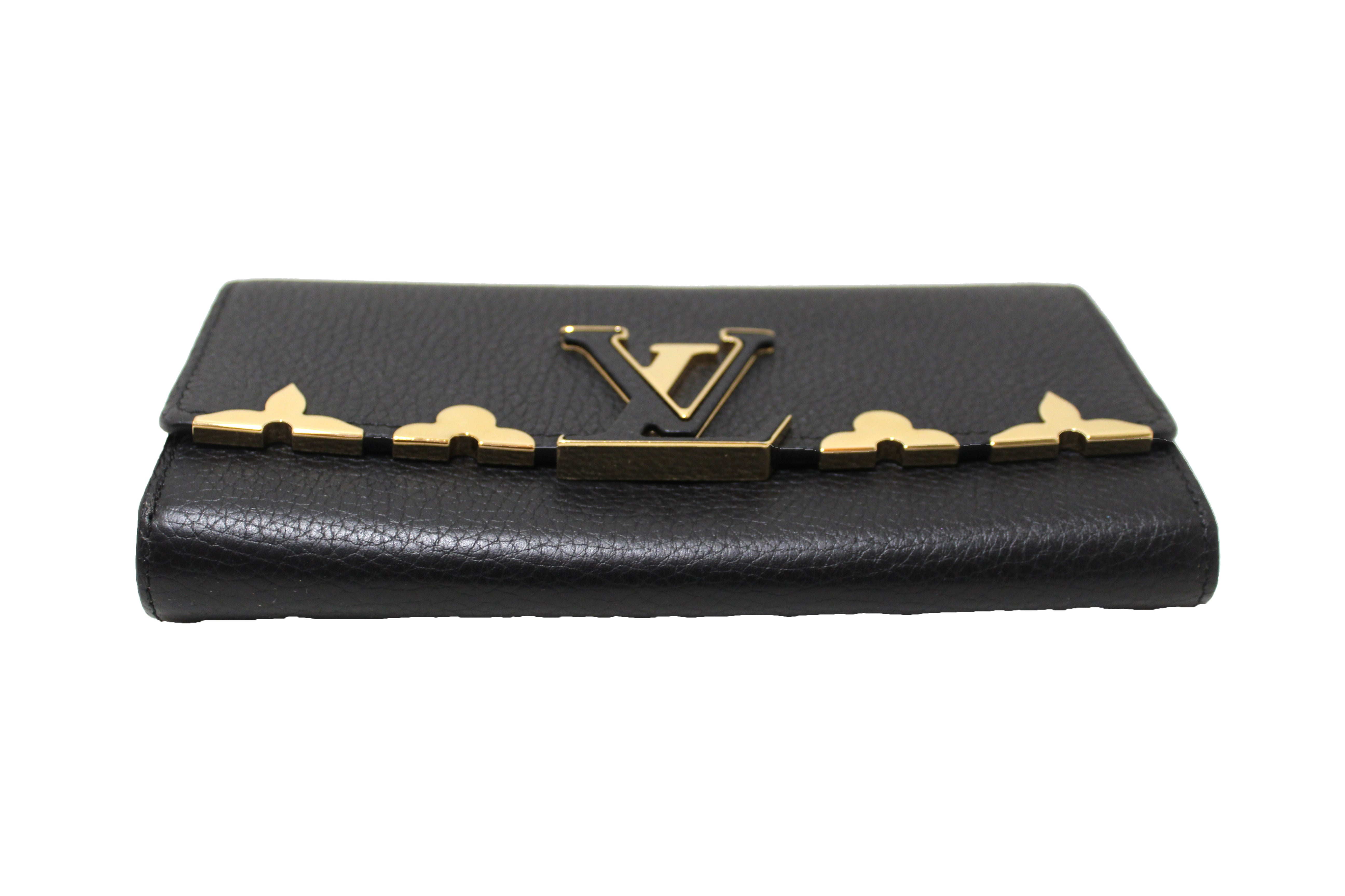 Authentic Louis Vuitton Black Taurillon Leather With Monogram Flower Ornaments Capucines Wallet