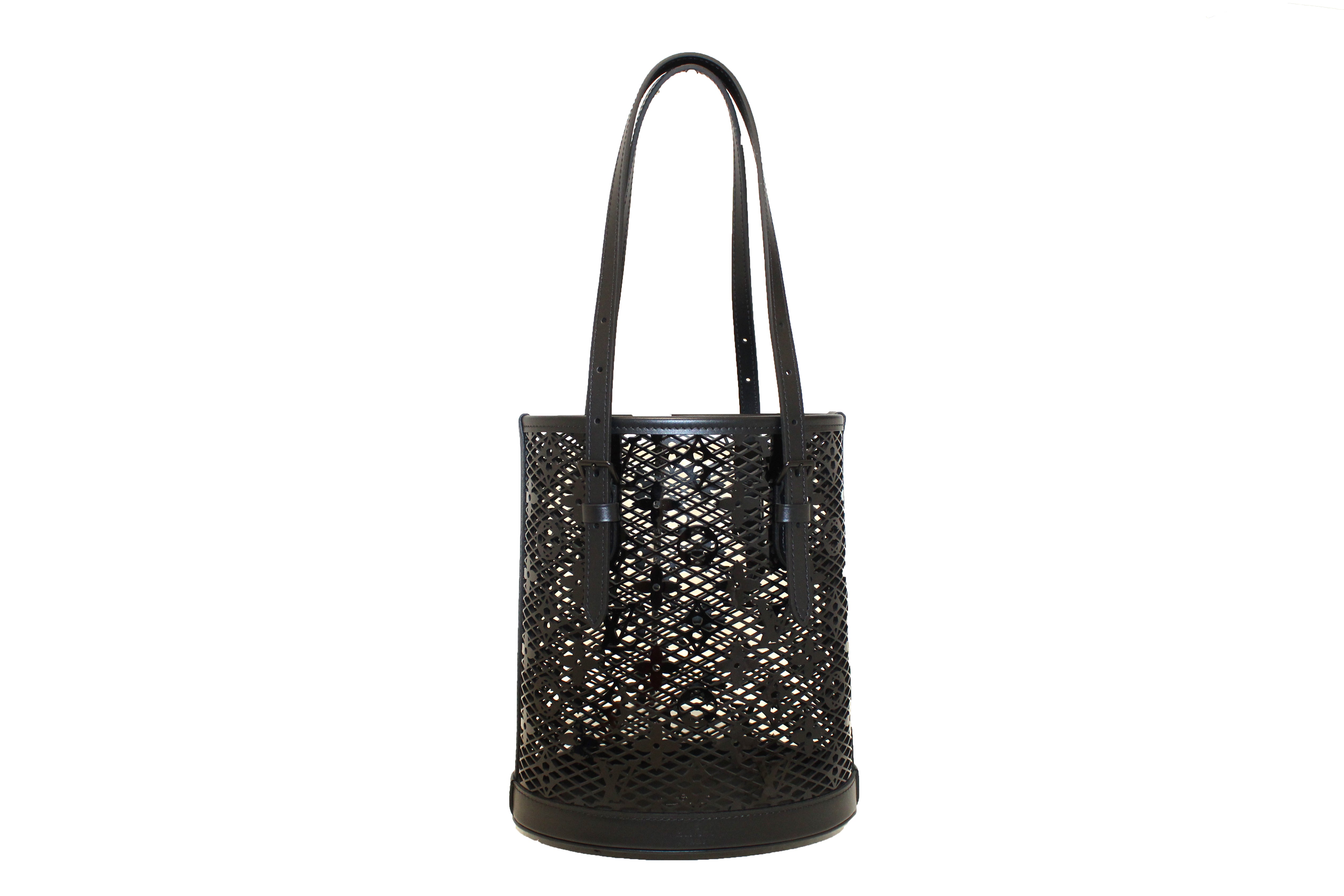 Authentic Louis Vuitton Limited Edition Nicolas Ghesquiere's Monogram Lace Black Patent Leather Bucket Shoulder Bag