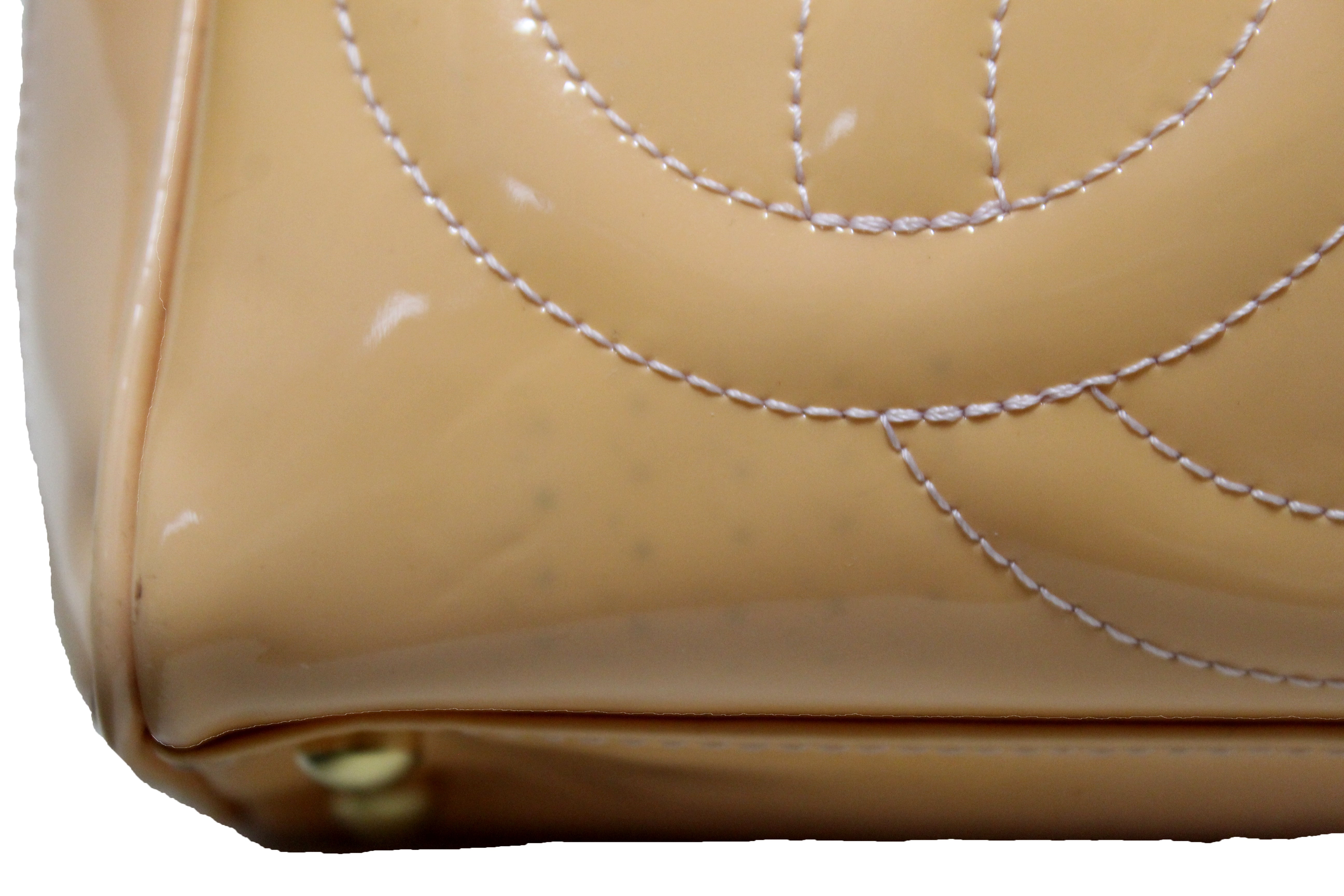 Authentic Chanel Beige Patent Leather Triple CC Logo Small Zippy Bag