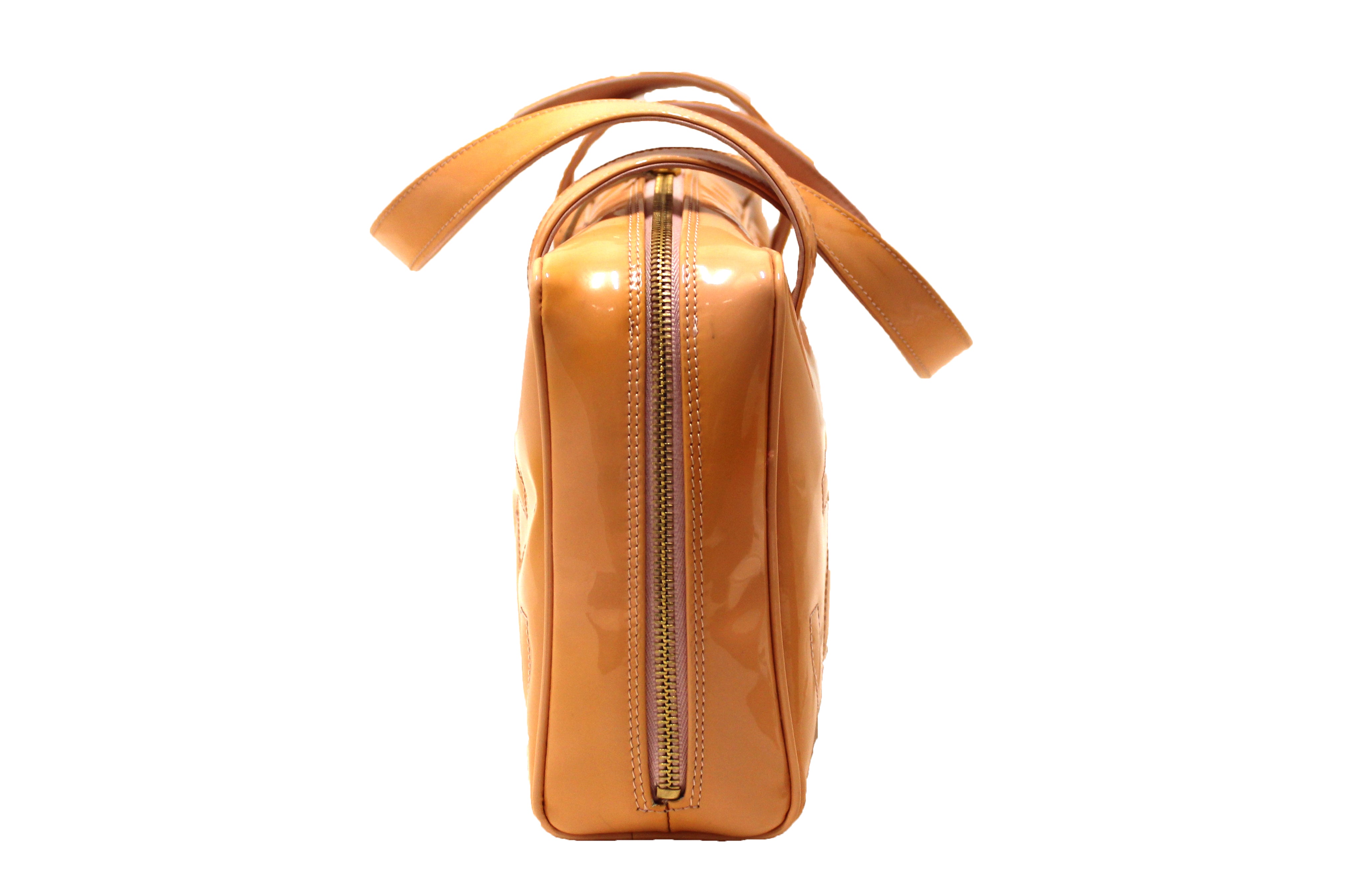 Authentic Chanel Beige Patent Leather Triple CC Logo Small Zippy Bag