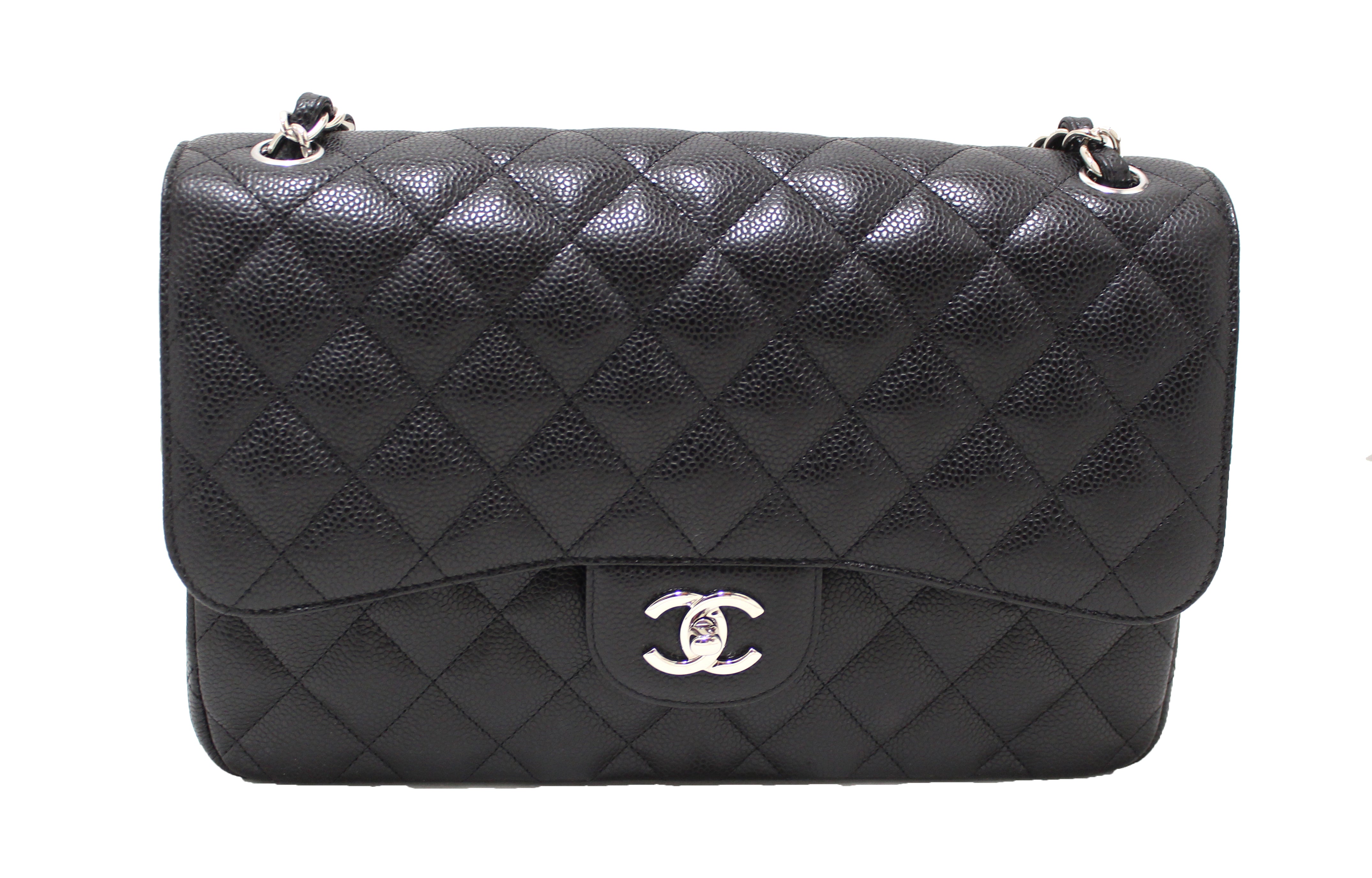 Authentic Chanel Black Quilted Caviar Leather Classic Jumbo Double