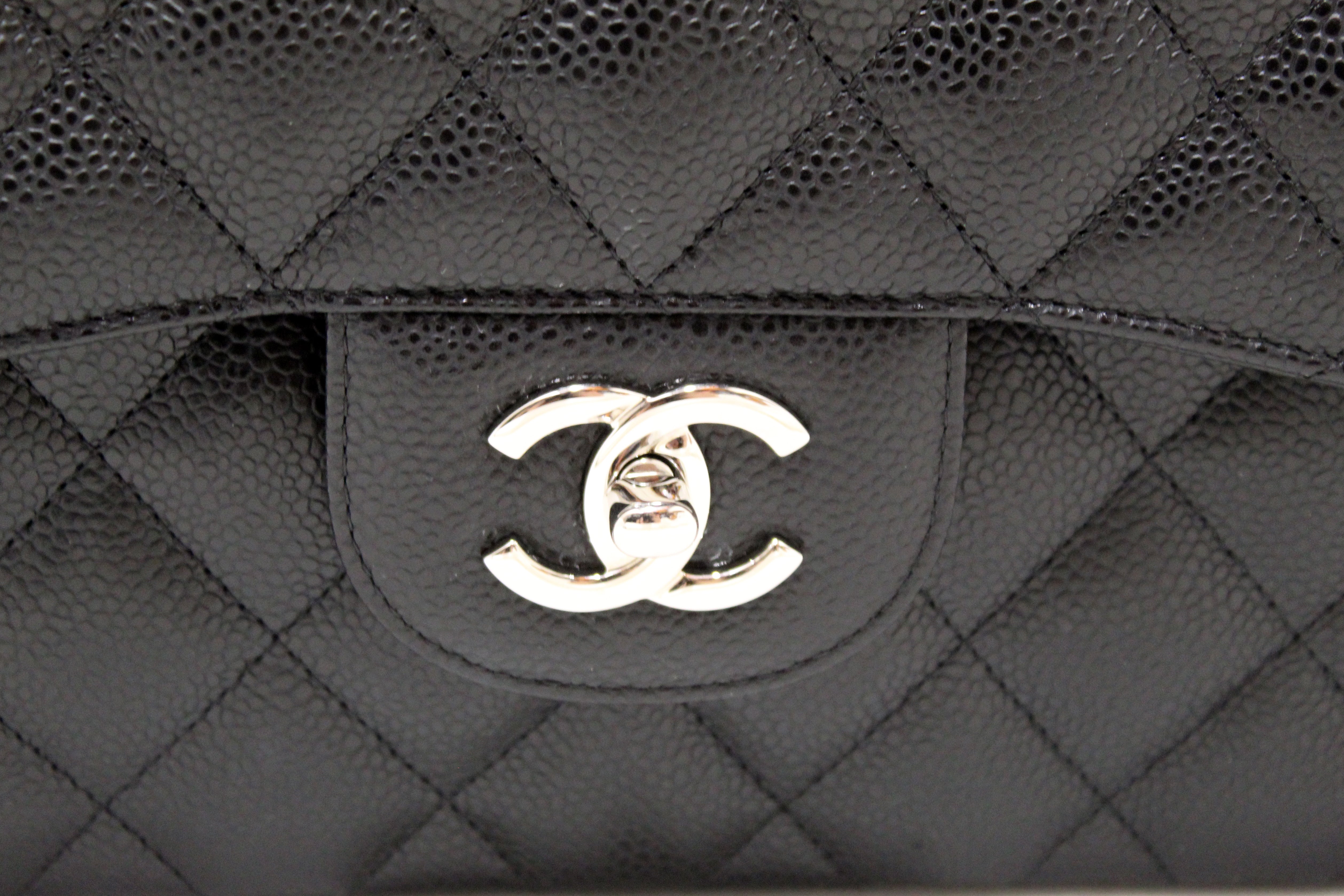 Authentic Chanel Jumbo Double Flap Bag Black Caviar Silver Hardware