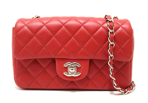 Authentic Chanel Red Classic Mini Flap Lambskin Leather Crossbody Bag