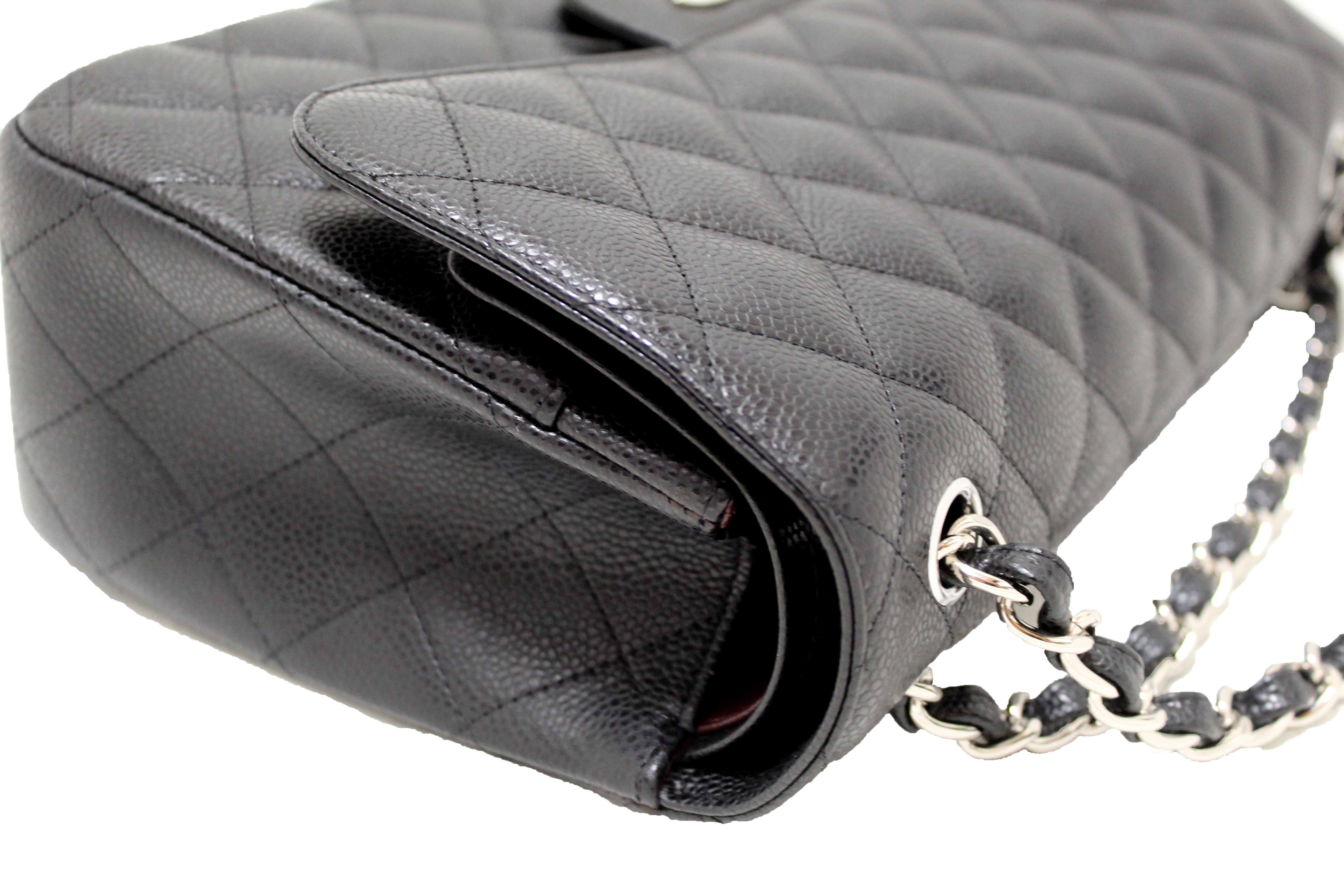 Authentic Chanel Black Quilted Caviar Leather Classic Jumbo Double
