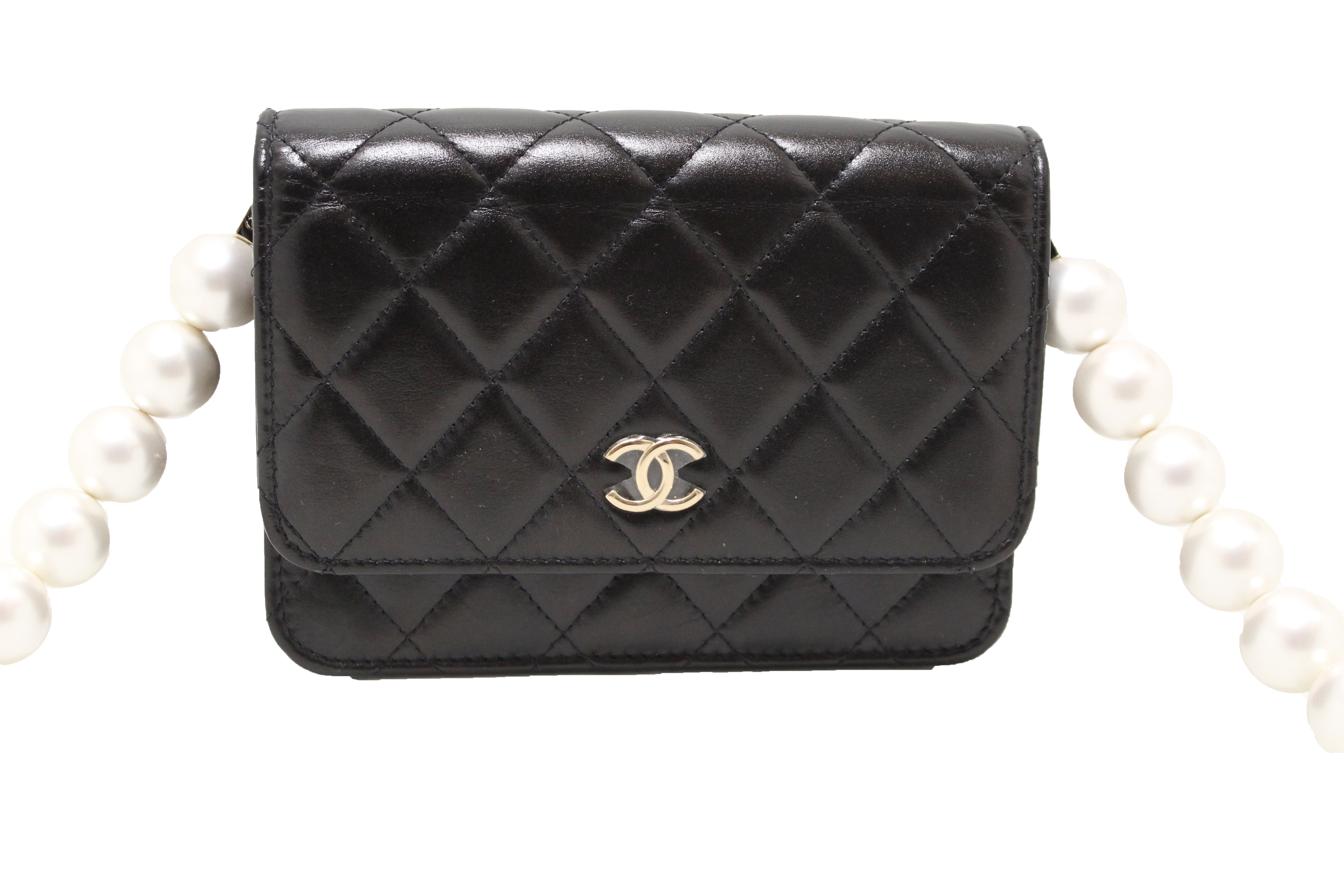 Authentic Chanel Black Quilted Calfskin Leather Wallet with Pearl