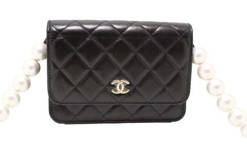 Authentic Chanel Black Quilted Calfskin Leather Wallet with Pearl Chain