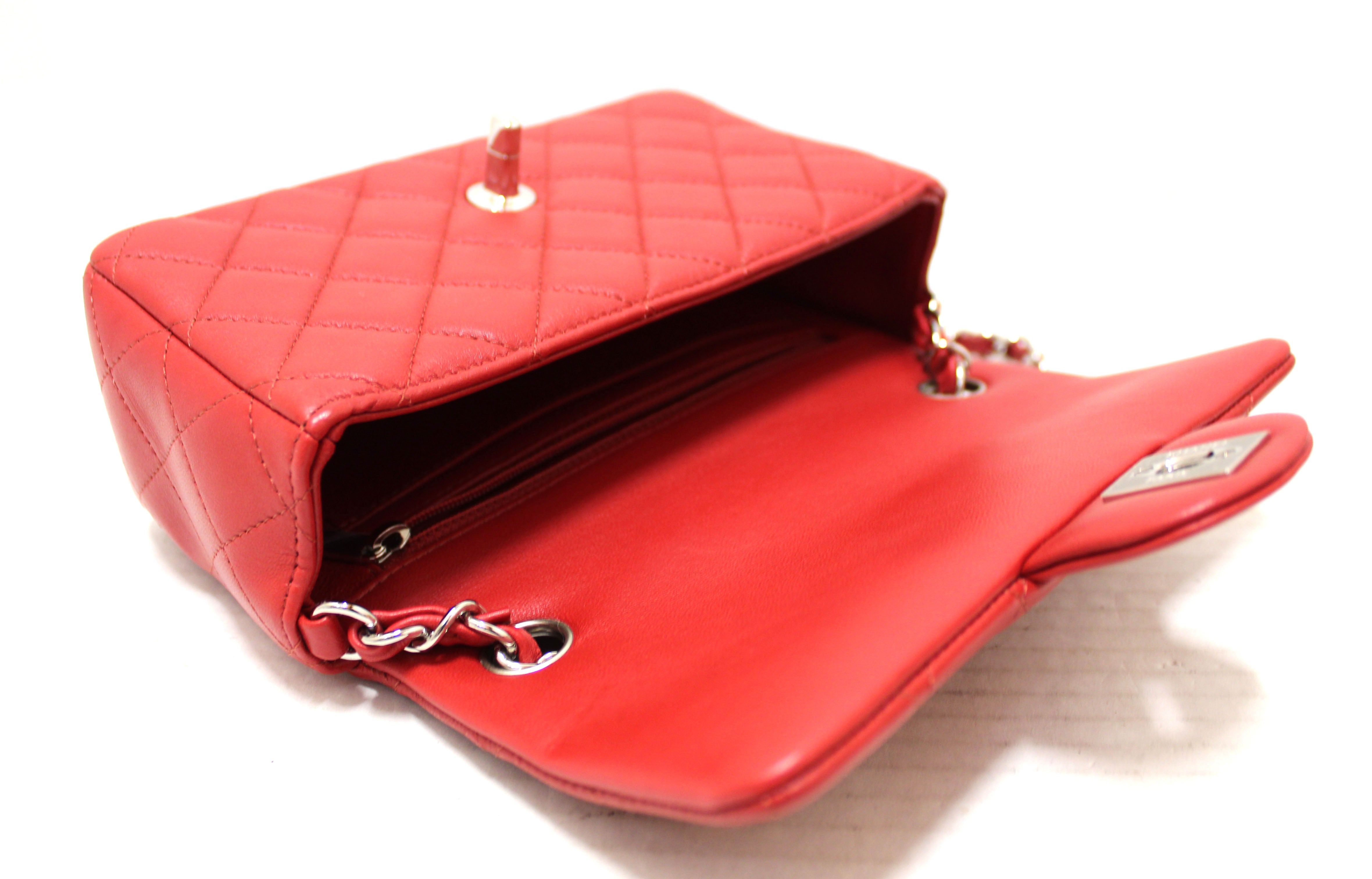 Authentic Chanel Red Classic Mini Flap Lambskin Leather Crossbody Bag