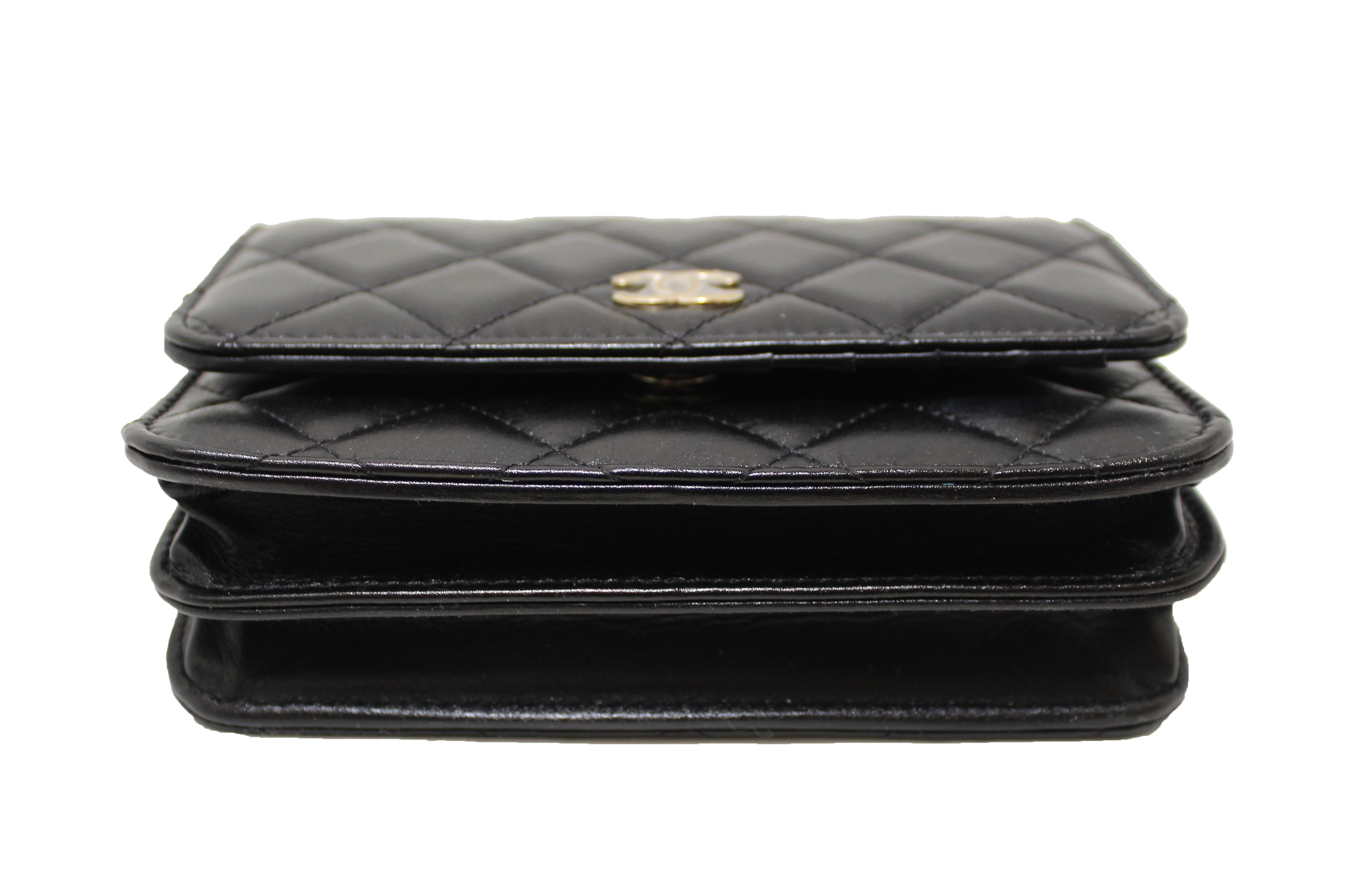 Authentic Chanel Black Quilted Calfskin Leather Wallet with Pearl Chain