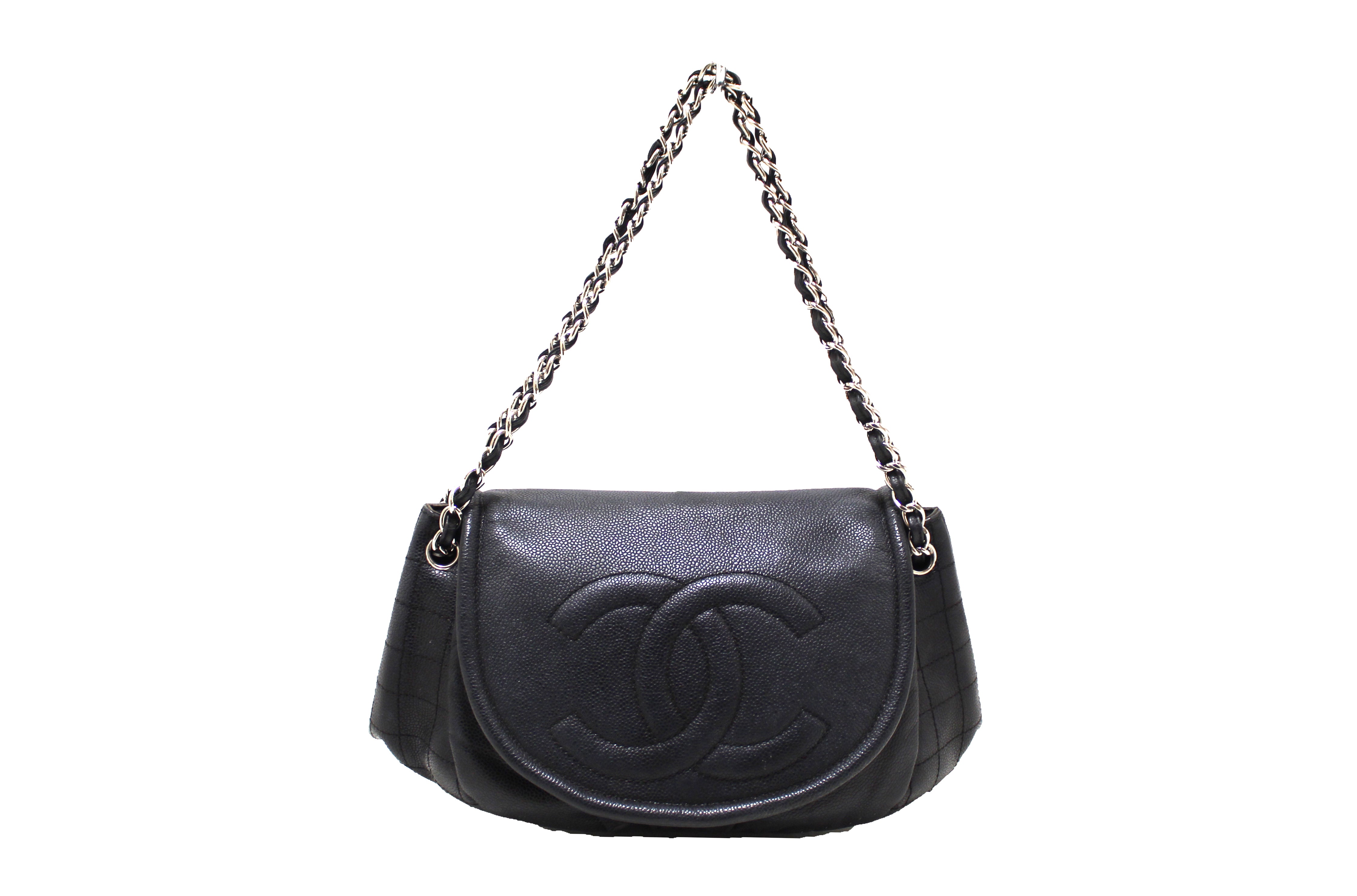 Authentic Chanel Black Caviar Leather Timeless Large Half Moon