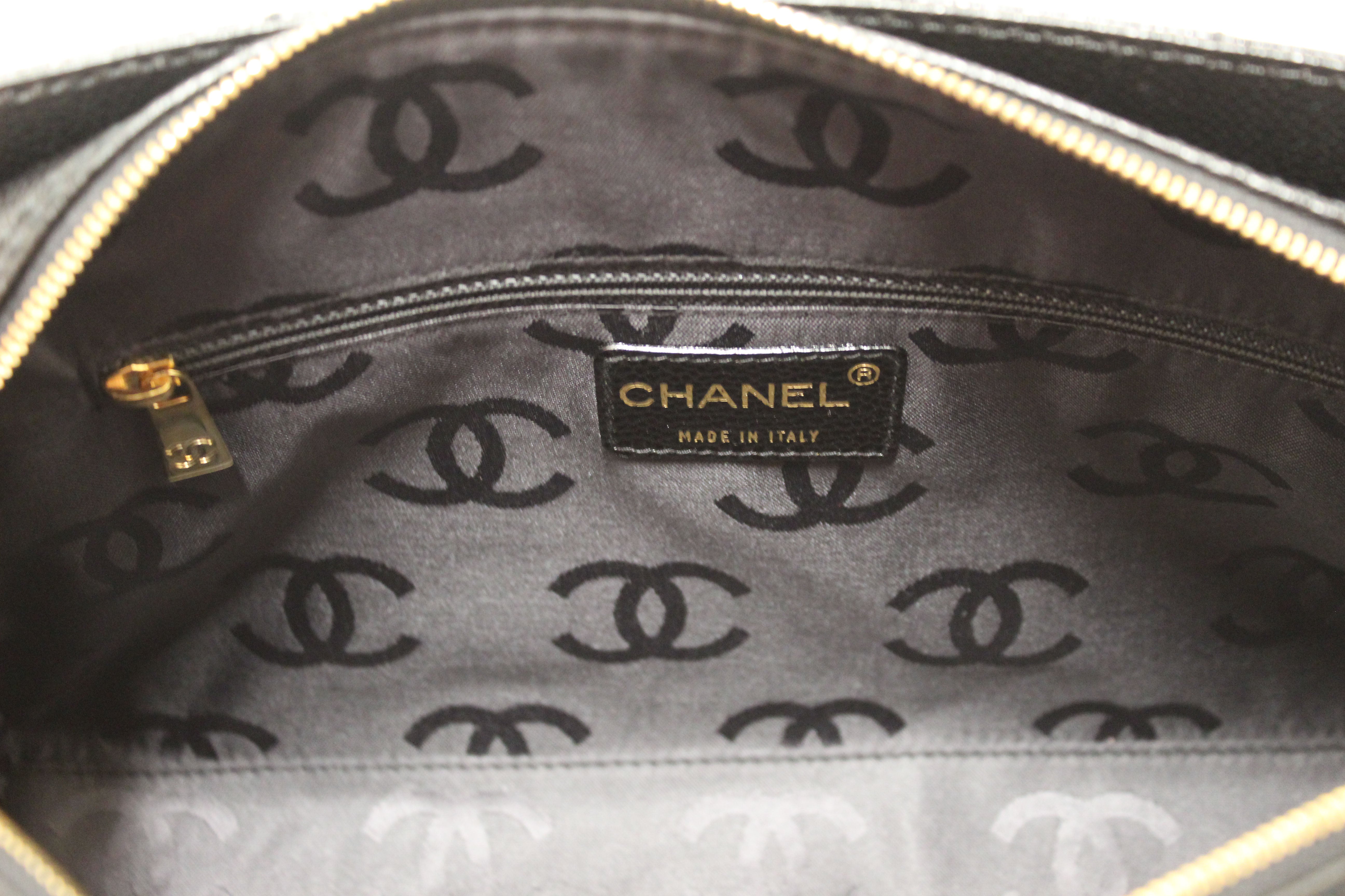 Authentic Chanel Black Square Stitch Caviar Leather Shoulder Tote Bag