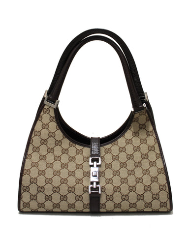 Authentic Gucci Brown GG Monogram Canvas Small Bardot Shoulder Bag 214397