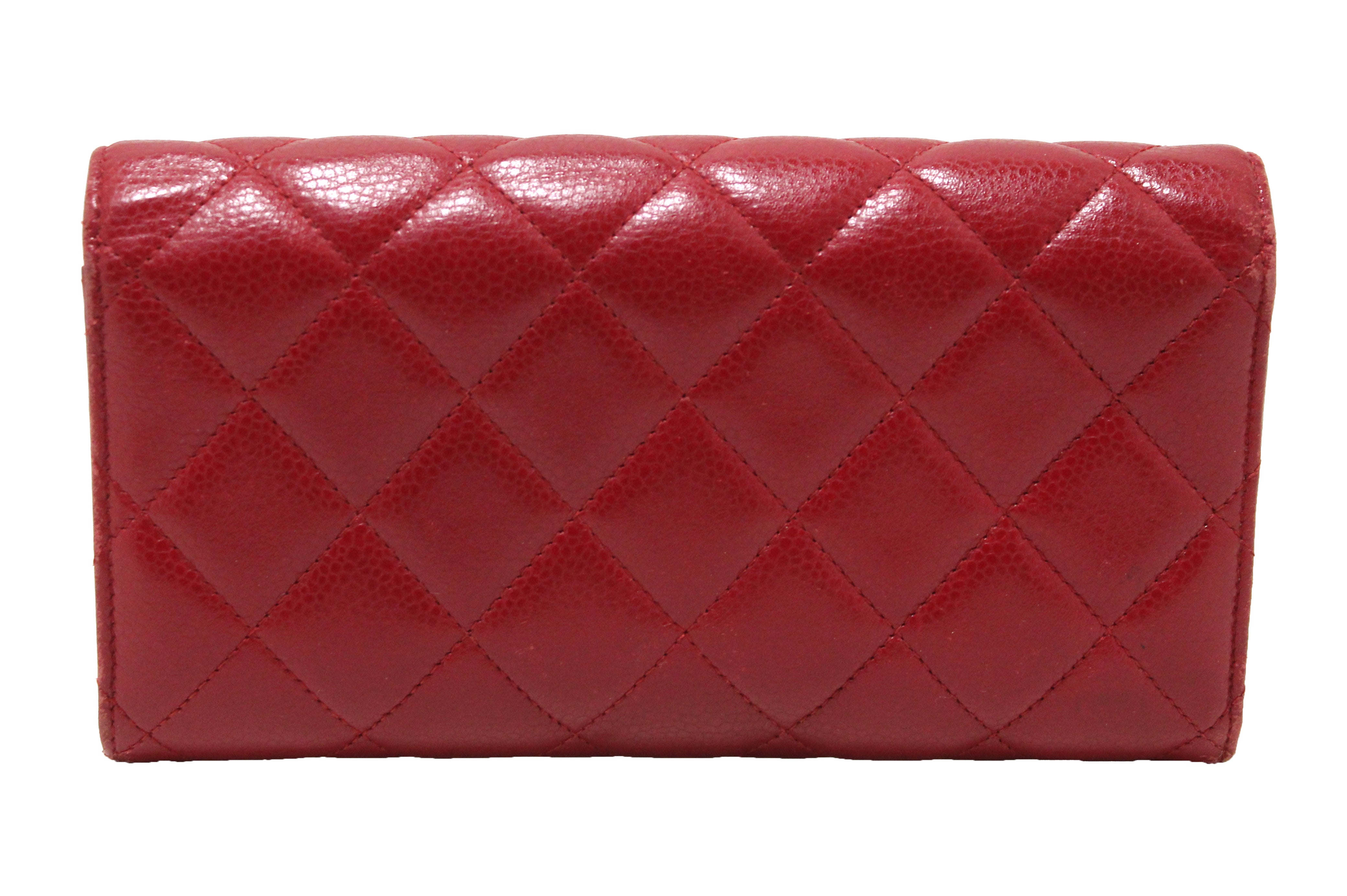 Authentic Chanel Red Caviar Leather Quilted Long Flap Wallet