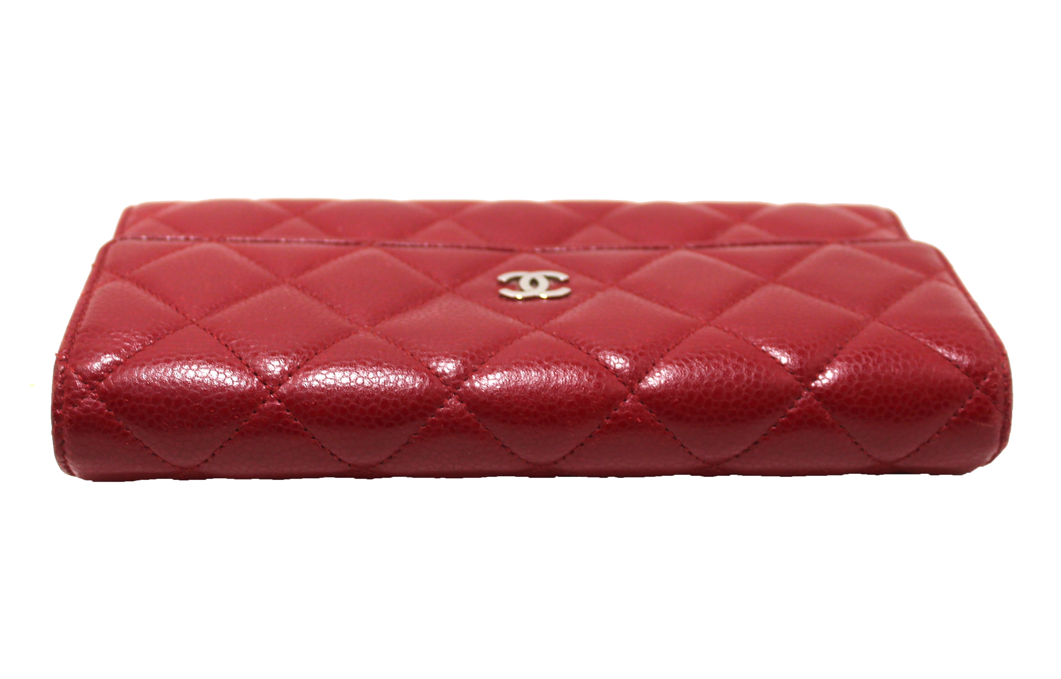 Authentic Chanel Red Caviar Leather Quilted Long Flap Wallet