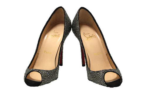 Authentic Christian Louboutin Black Crystal Strass Peep Toe 100mm Pumps Shoes Size 36