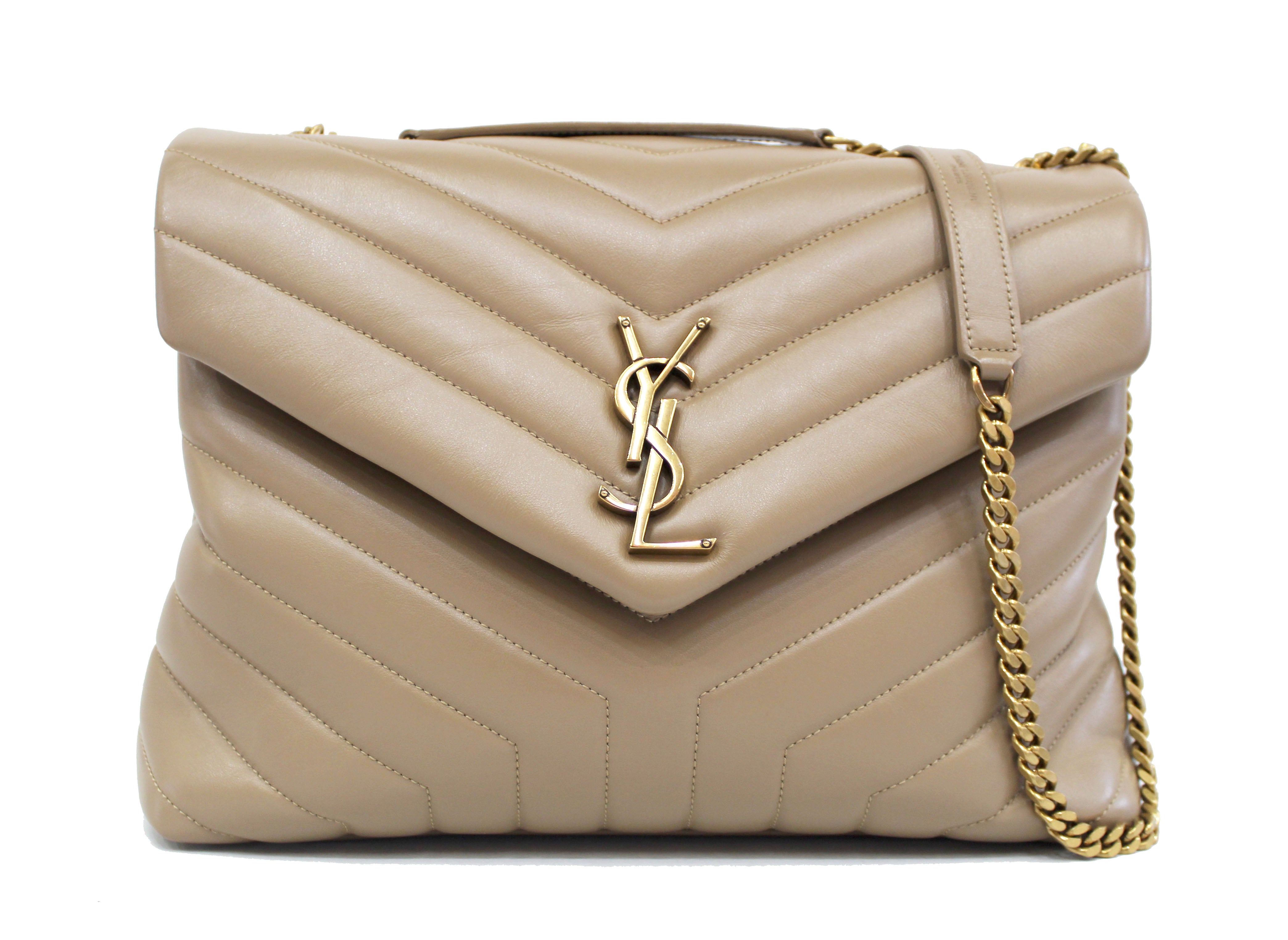 Authentic Yves Saint Laurent YSL Beige Leather Loulou M Shoulder Bag
