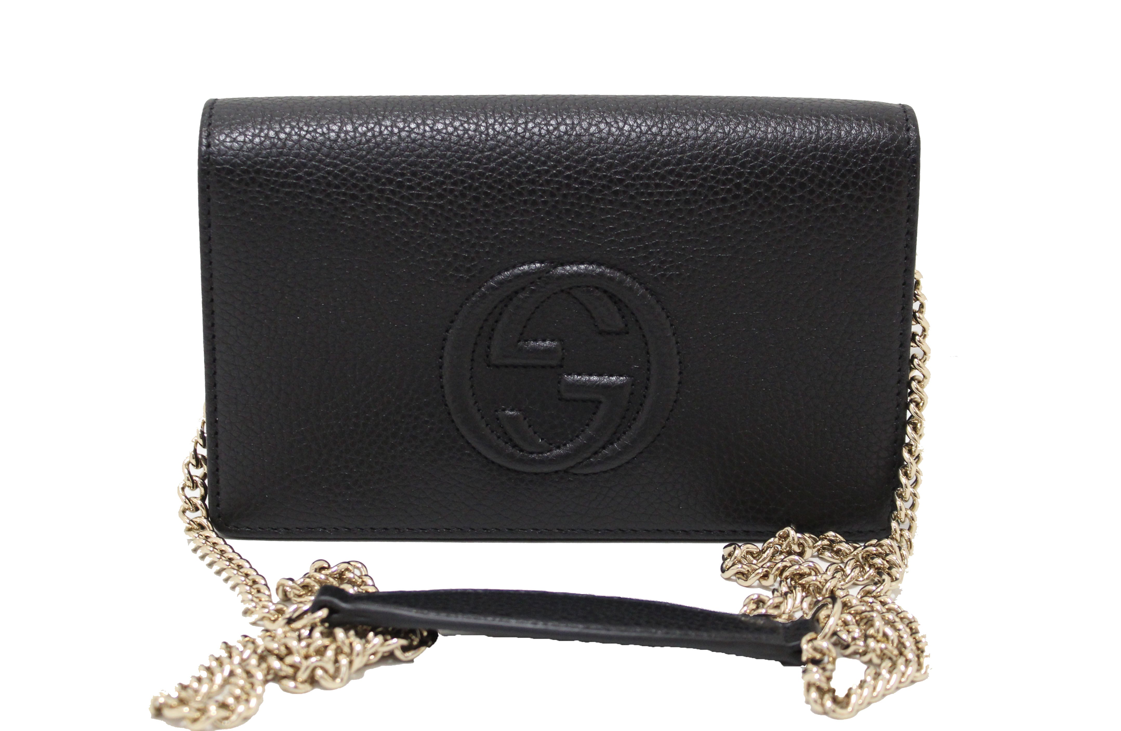 Authentic NEW  Gucci Black Soho Disco Leather Wallet on Chain Cross Body Bag