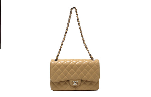 Authentic Chanel Beige Quilted Caviar Leather Classic Jumbo Double Flap Bag